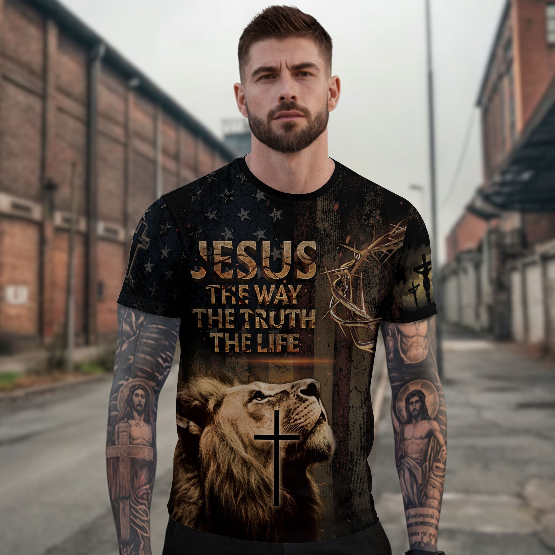 Christian Tee Shirts, Jesus Is the Truth Crown of Thorns and Patriotic Lion Faithwear - Freedom Shirts for Men, RustField Co - Rust Field Wear