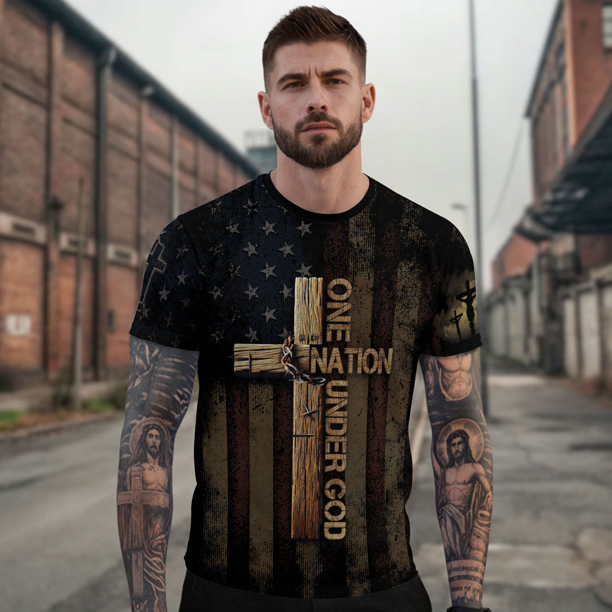 One Nation Under God Rugged Cross and Crucified Savior Patriotic - RustField Co Freedom Shirts, Christian Tee Shirts for Men - Rust Field Wear