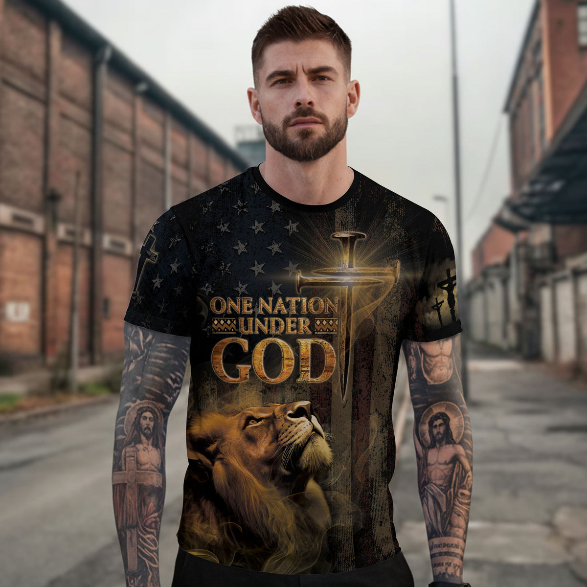 RustField Co, One Nation Under God Patriotic with Lion and Cross - Christian Tee Shirts for Men, Freedom Shirts - Rust Field Wear