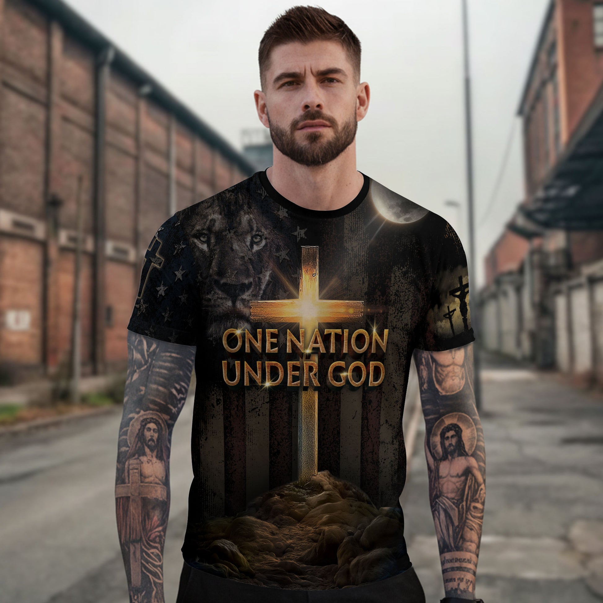 Freedom Shirts - One Nation Under God Cross of Glory and Lion in Shadow, Christian Tee Shirts for Men, RustField Co - Rust Field Wear