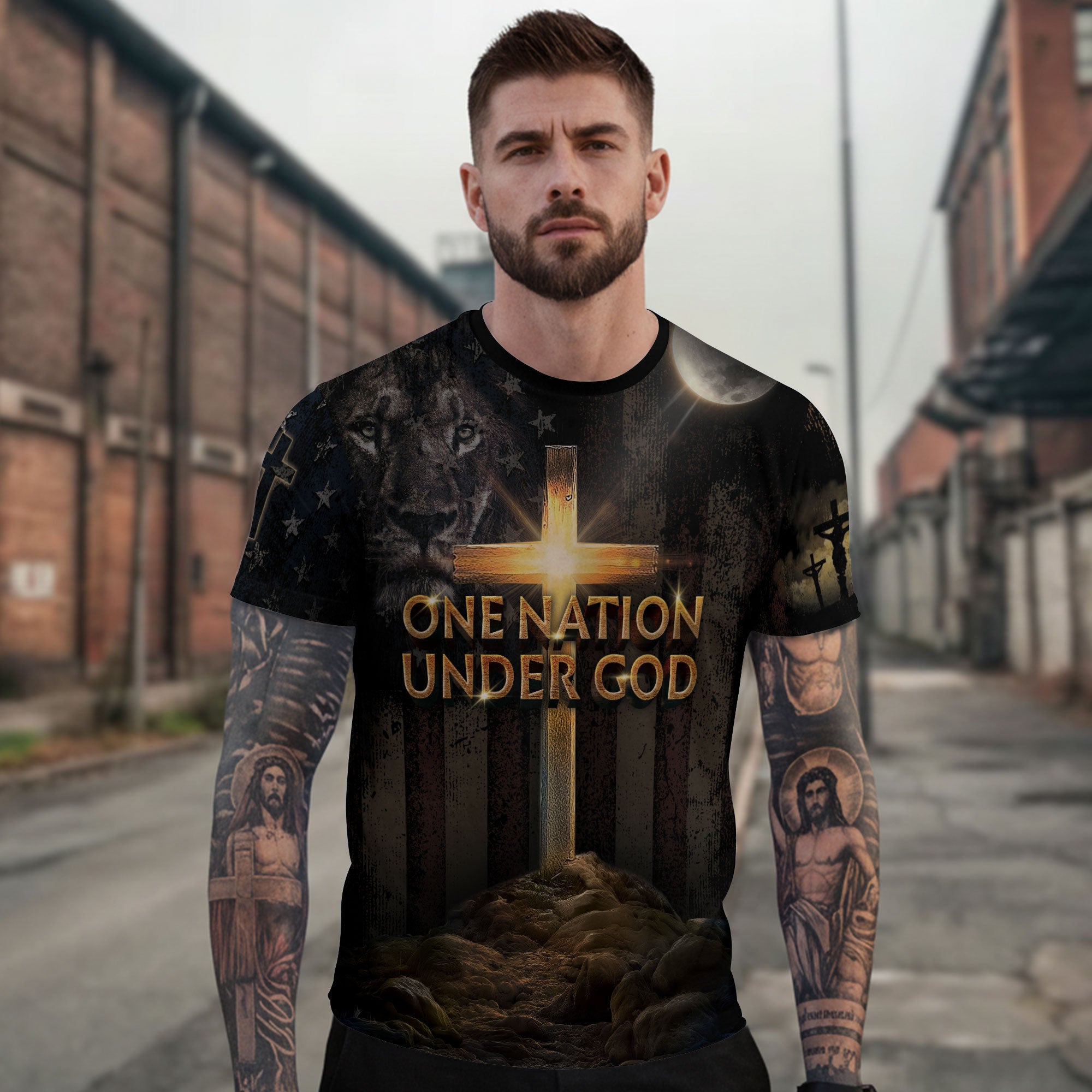 Freedom Shirts - One Nation Under God Cross of Glory and Lion in Shadow, Christian Tee Shirts for Men, RustField Co - Rust Field Wear