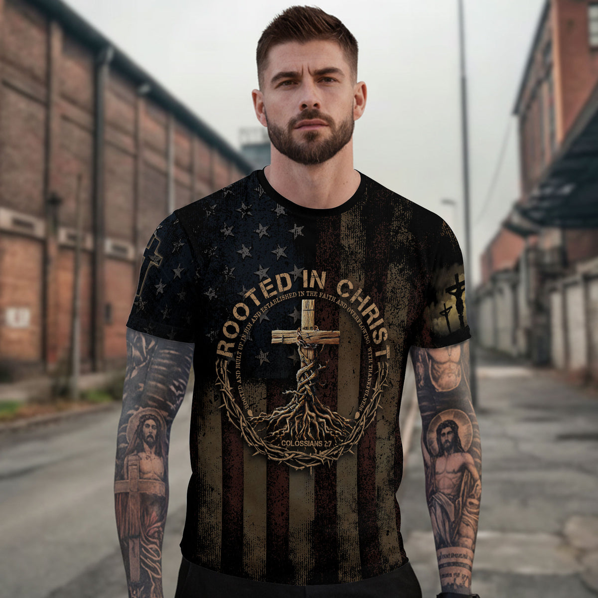 Rooted in Christ Colossians 2 7 and Crown of Thorns Patriotic - Christian Tee Shirts for Men, Freedom Shirts, RustField Co - Rust Field Wear