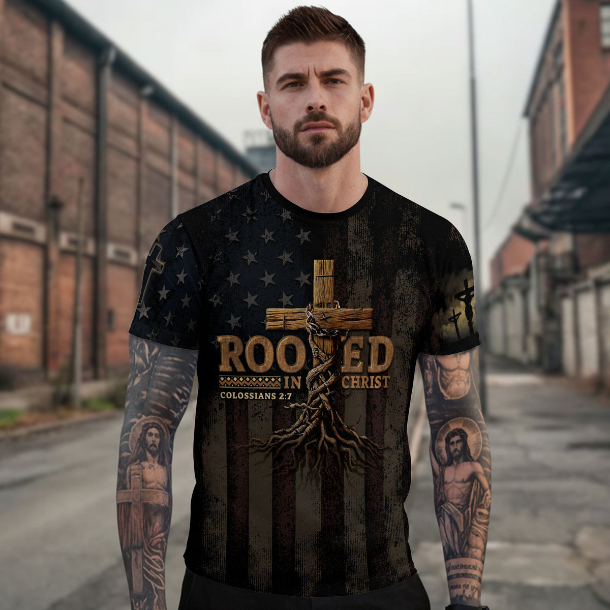 RustField Co Freedom Shirts - Rooted in Christ Colossians 2 7 Cross and Vine Patriot, Christian Tee Shirts for Men - Rust Field Wear