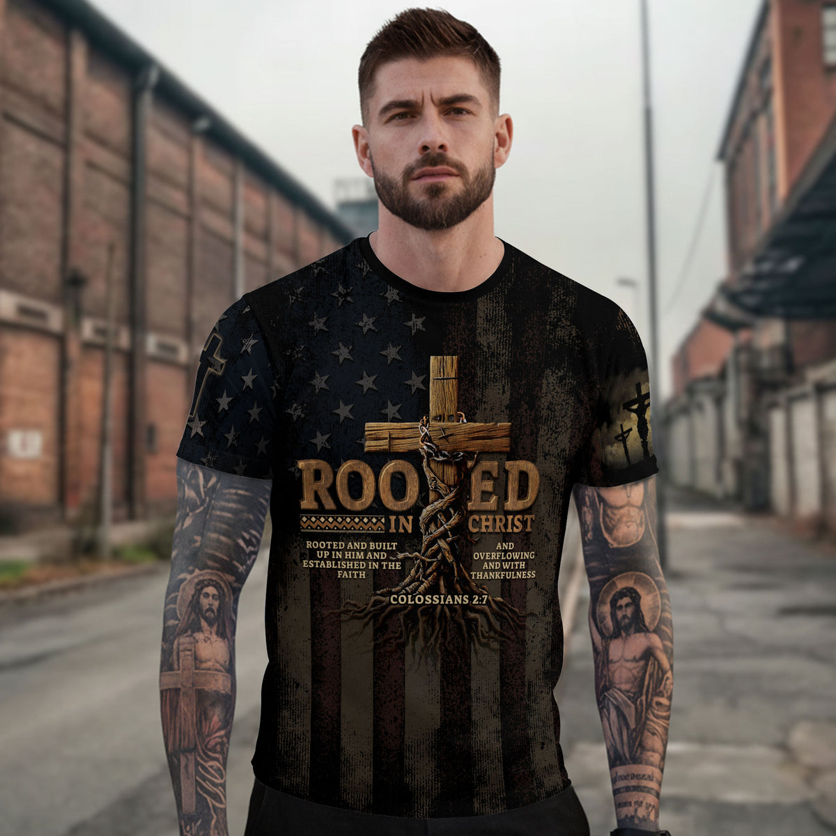 Rooted in Christ Colossians 2 7 Cross and American Flag Christian Tee Shirts - Freedom Shirts for Men, RustField Co - Rust Field Wear