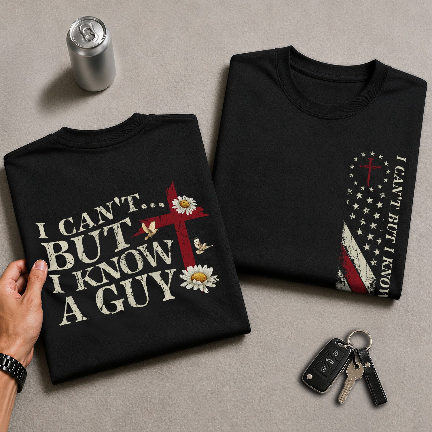 I Can’t But I Know a Guy , Christian Cross and American Flag - Christian Shirts for Men, Faith Based Christian Tee Shirts - Rust Field Wear