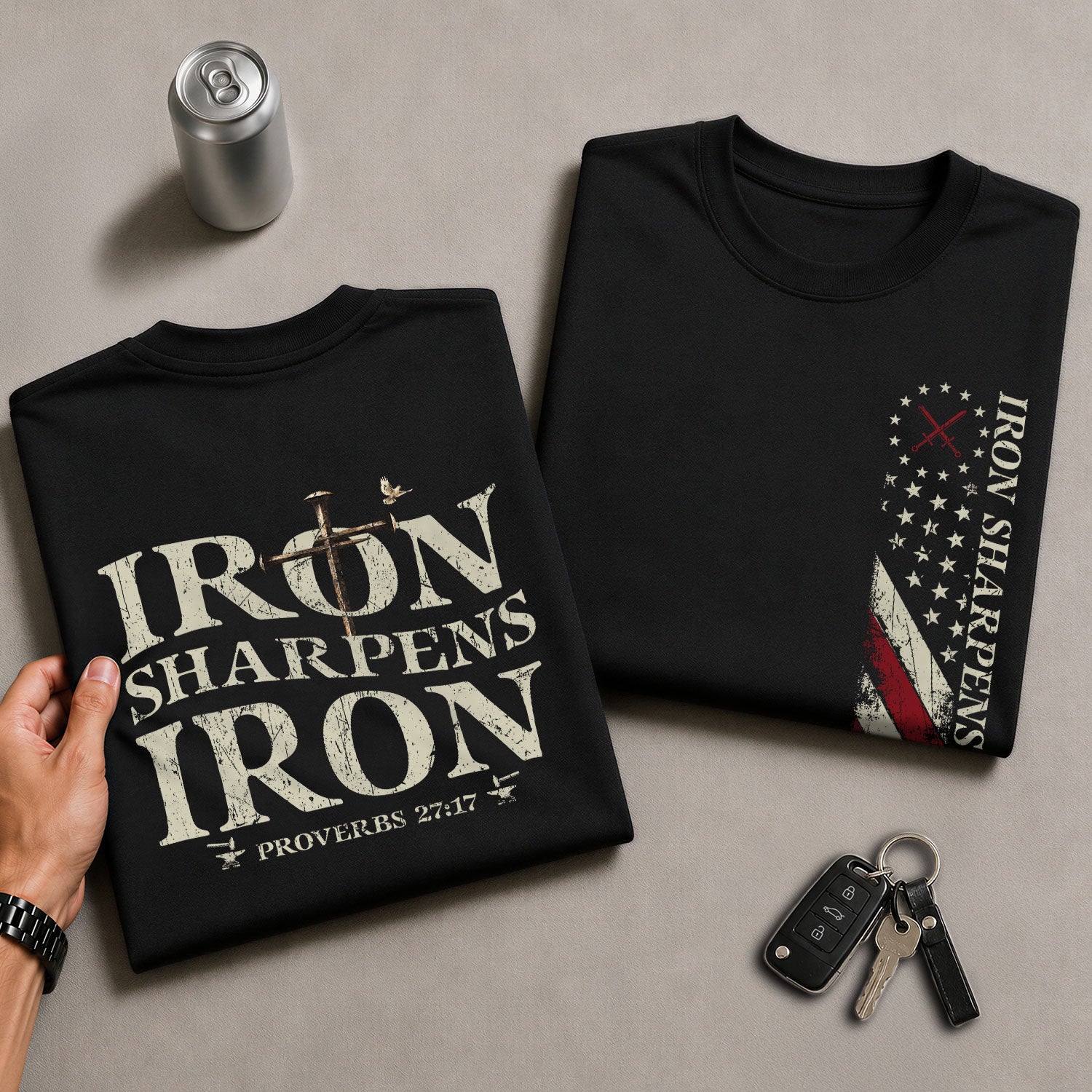 Christian Tee Shirts, Iron Sharpens Iron , Christian Cross and American Flag - Christian Shirts for Men - Rust Field Wear
