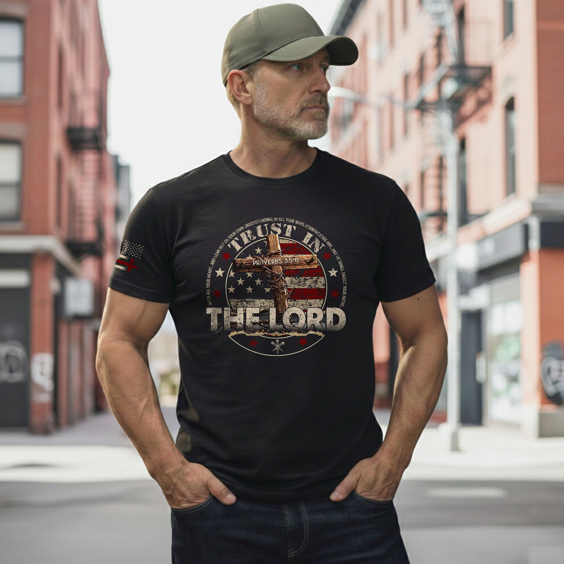 Christian Shirts for Men, Trust In The Lord Proverbs 3:5 6 Bible Verse Patriotic Christian - Christian Tee Shirts - Rust Field Wear