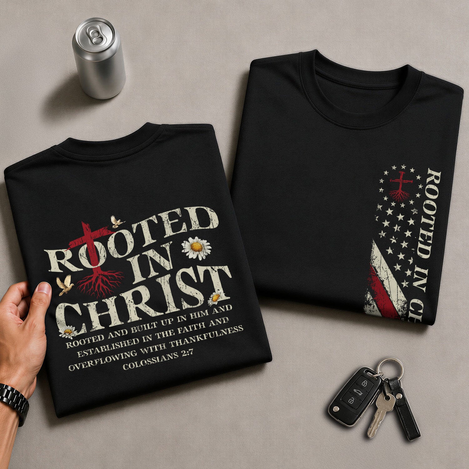 Rooted in Christ Back Print Colossians 2:7, Christian Tee Shirts - Faith Shirts for Men - Rust Field Wear