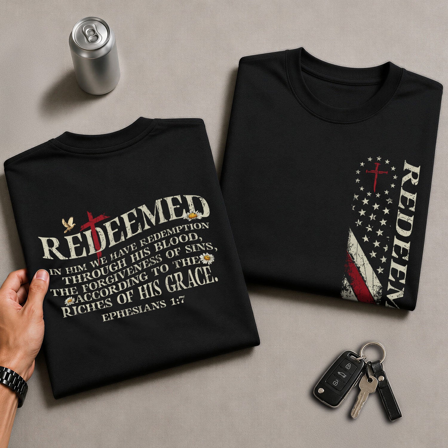 Redeemed Christian Ephesians 1:7 American Flag Cross Design - Christian Tee Shirts, Christian Shirts for Men - Rust Field Wear