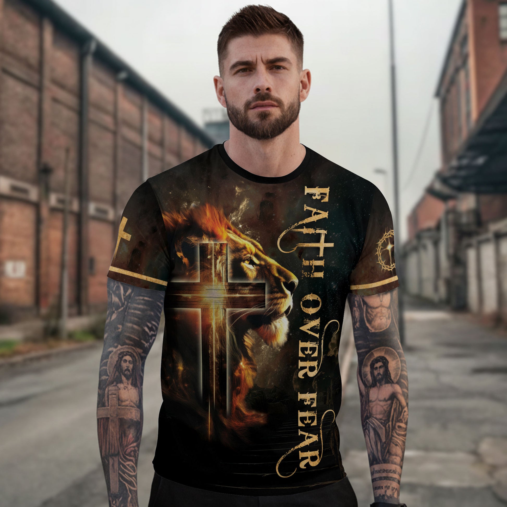 RustField Co Christian Tee Shirts - Faith Over Fear with Fiery Lion and Glowing Cross, Freedom Shirts for Men - Rust Field Wear