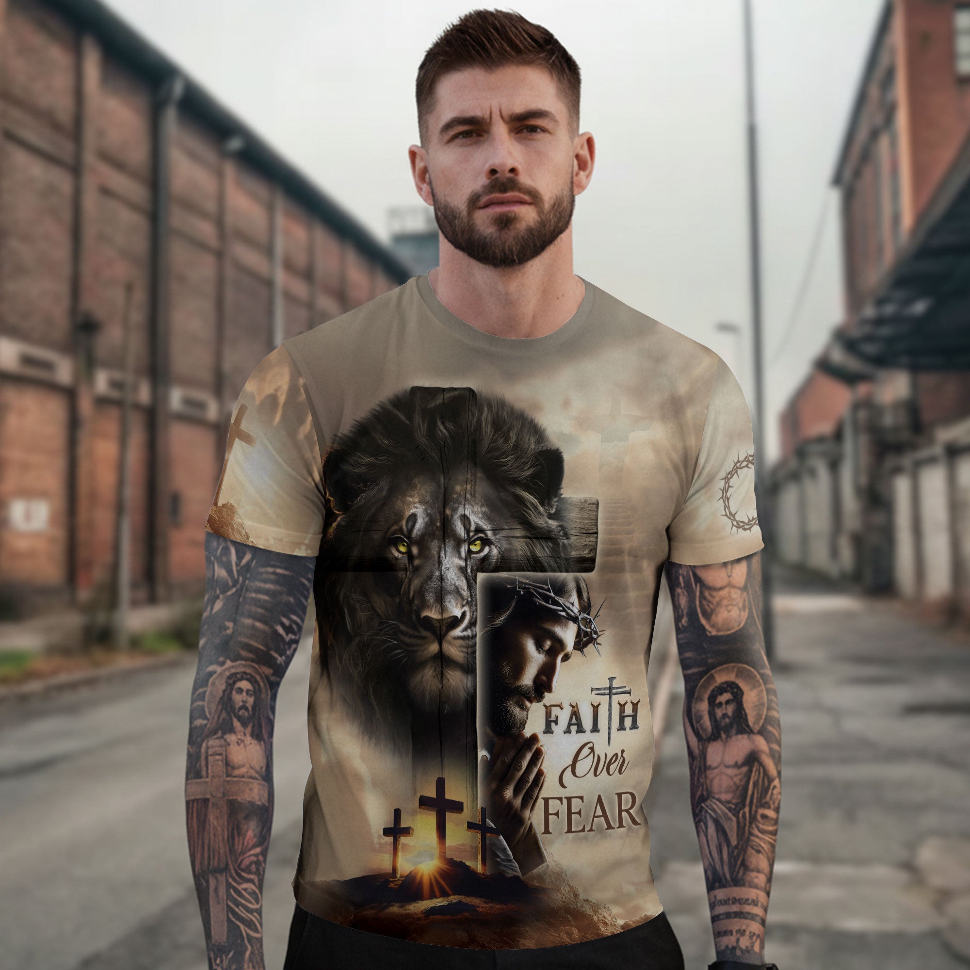RustField Co, Faith Over Fear Blood Stained Cross and Risen Lion - Christian Tee Shirts for Men, Freedom Shirts - Rust Field Wear