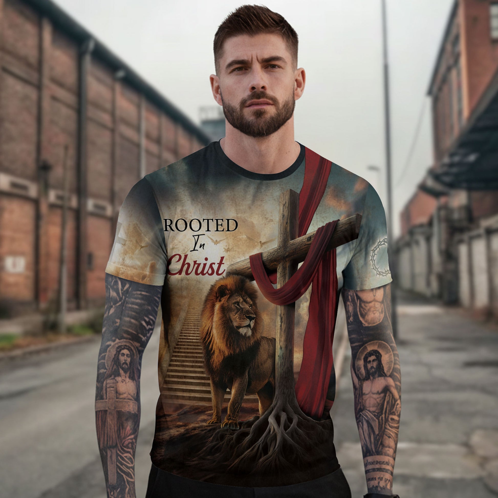 Christian Tee Shirts, Rooted In Christ The Rooted Cross And Lion - Freedom Shirts for Men, RustField Co - Rust Field Wear