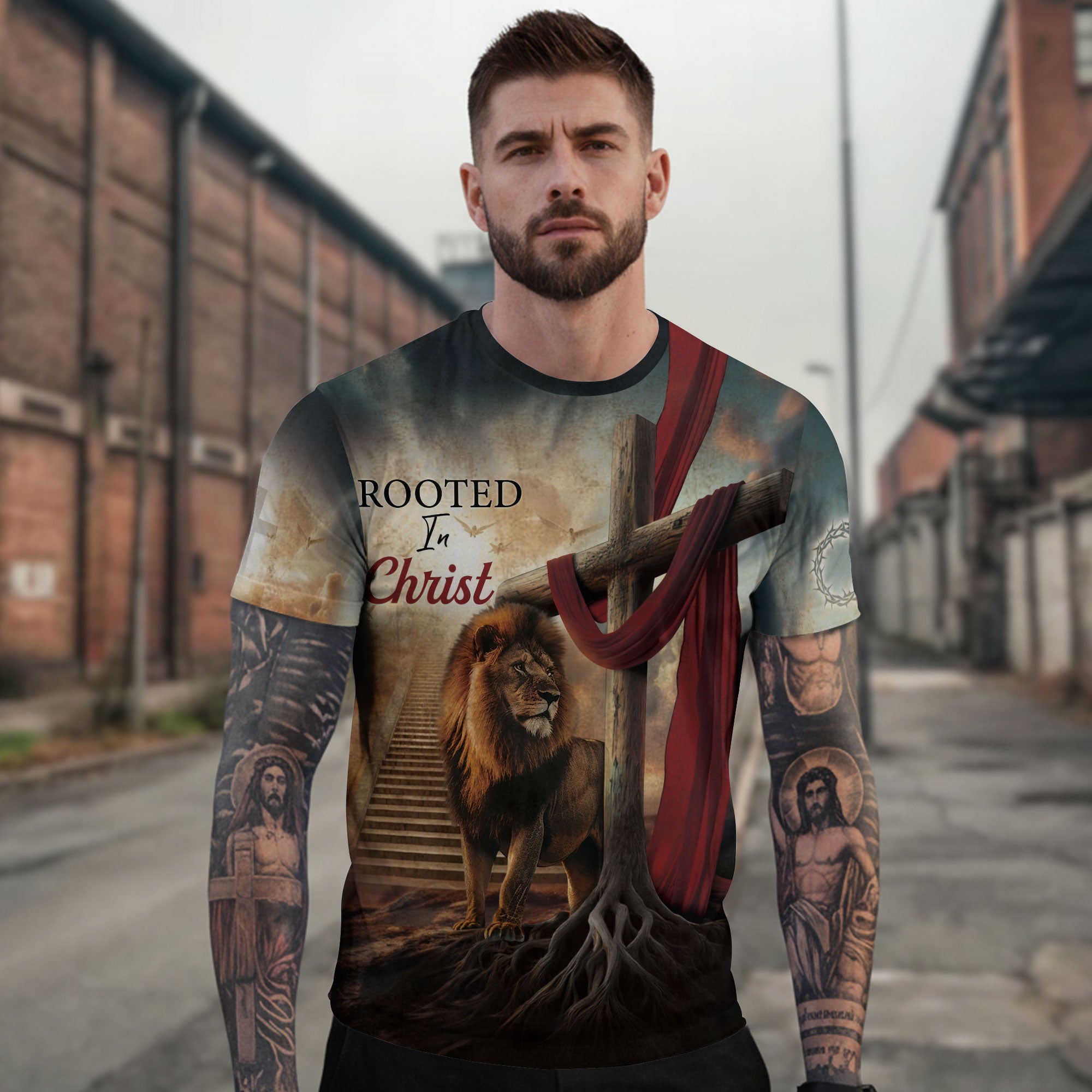 Christian Tee Shirts, Rooted In Christ The Rooted Cross And Lion - Freedom Shirts for Men, RustField Co - Rust Field Wear
