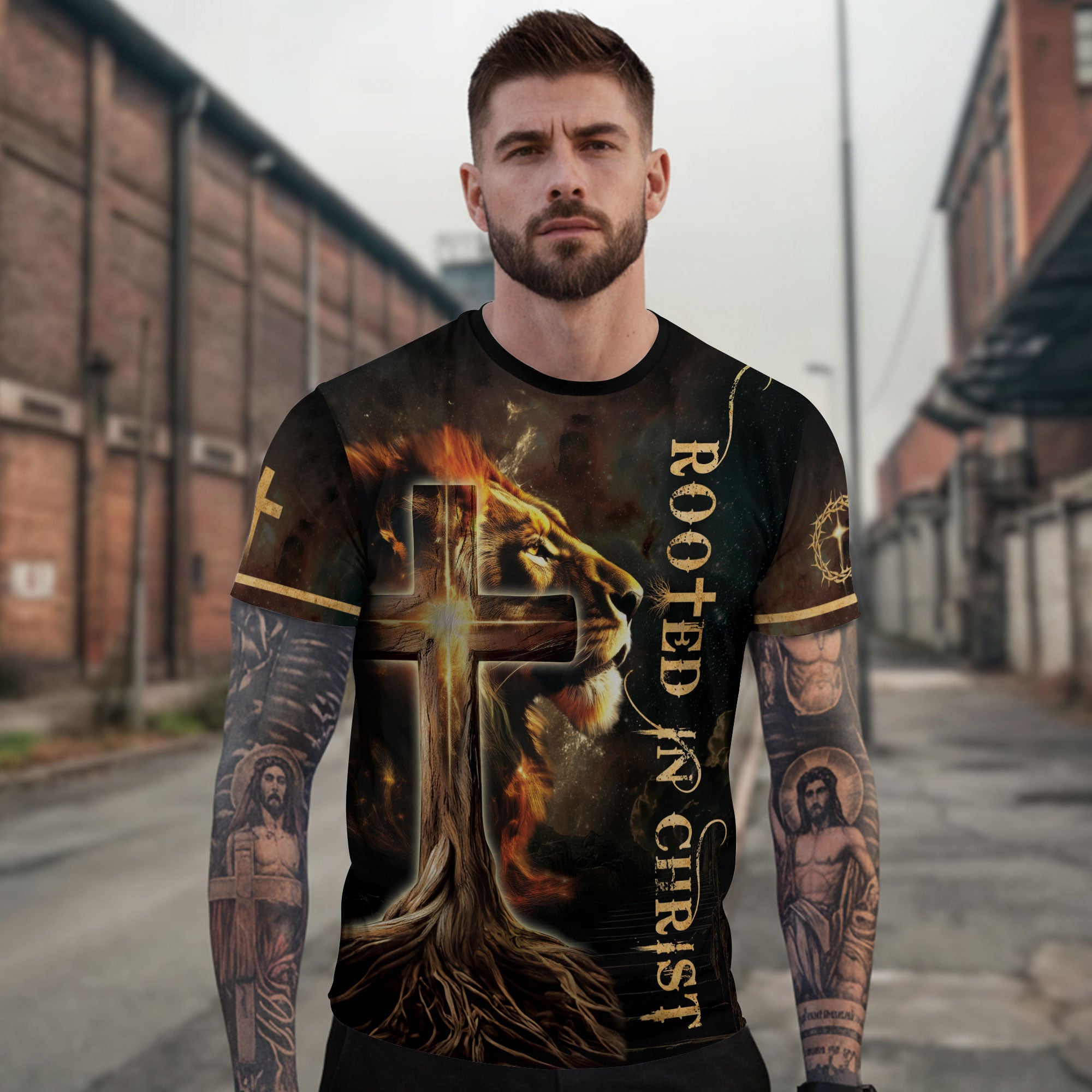 Rooted In The Light Of Christ Lion And Glowing Cross - Christian Tee Shirts for Men, Freedom Shirts, RustField Co - Rust Field Wear