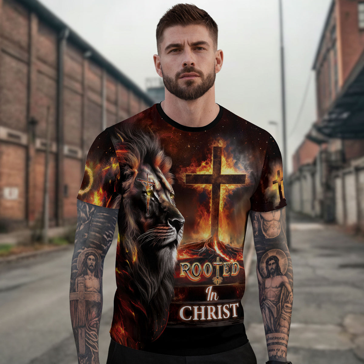 RustField Co, Rooted In Christ The Glowing Rooted Cross And Lion - Christian Tee Shirts for Men, Freedom Shirts - Rust Field Wear