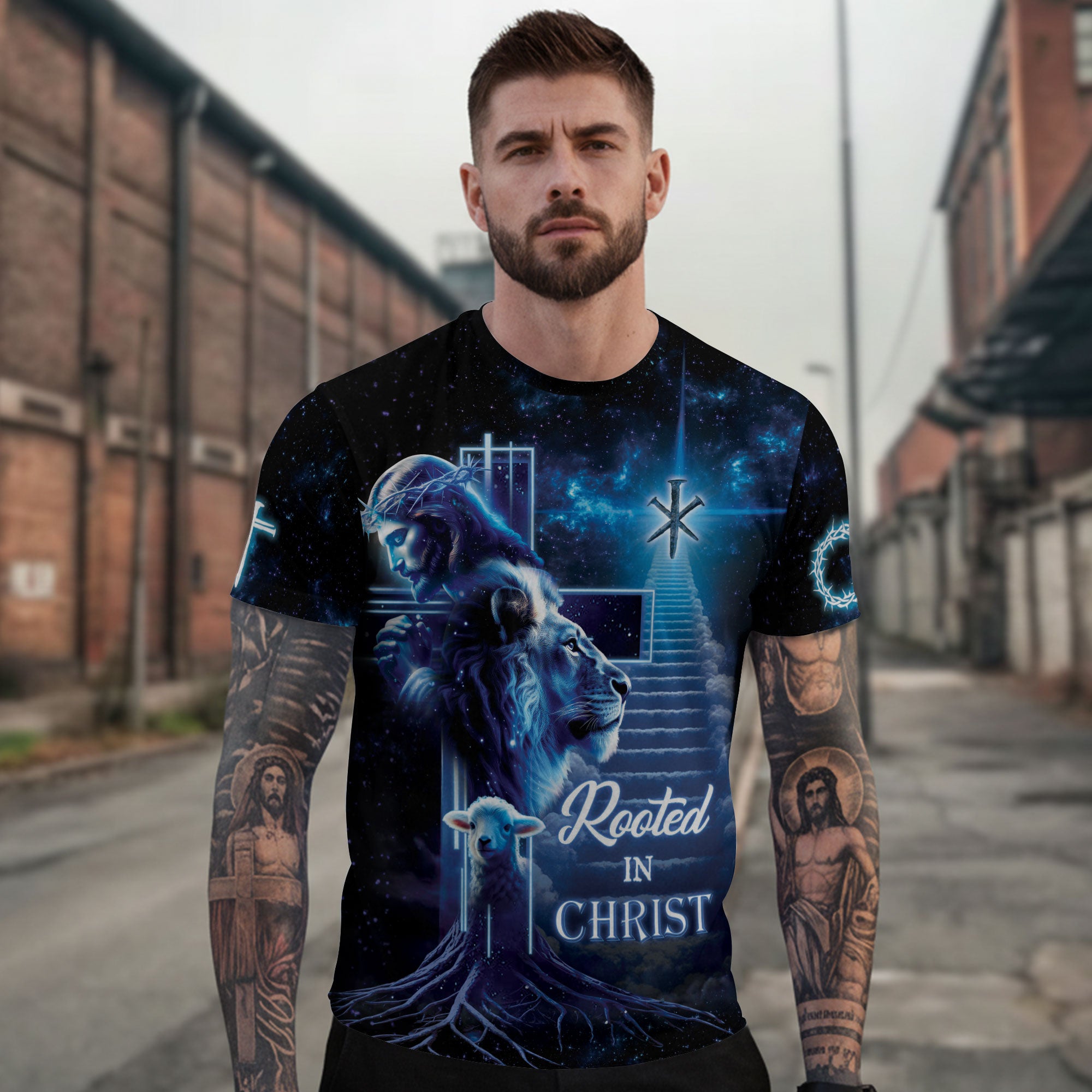 Christian Tee Shirts for Men, RustField Co - Rooted In Christ The Lion The Lamb And The King, Freedom Shirts - Rust Field Wear