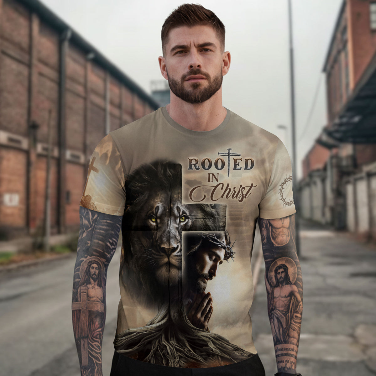Rooted In Christ Lion And Savior In The Cross - RustField Co Freedom Shirts, Christian Tee Shirts for Men - Rust Field Wear