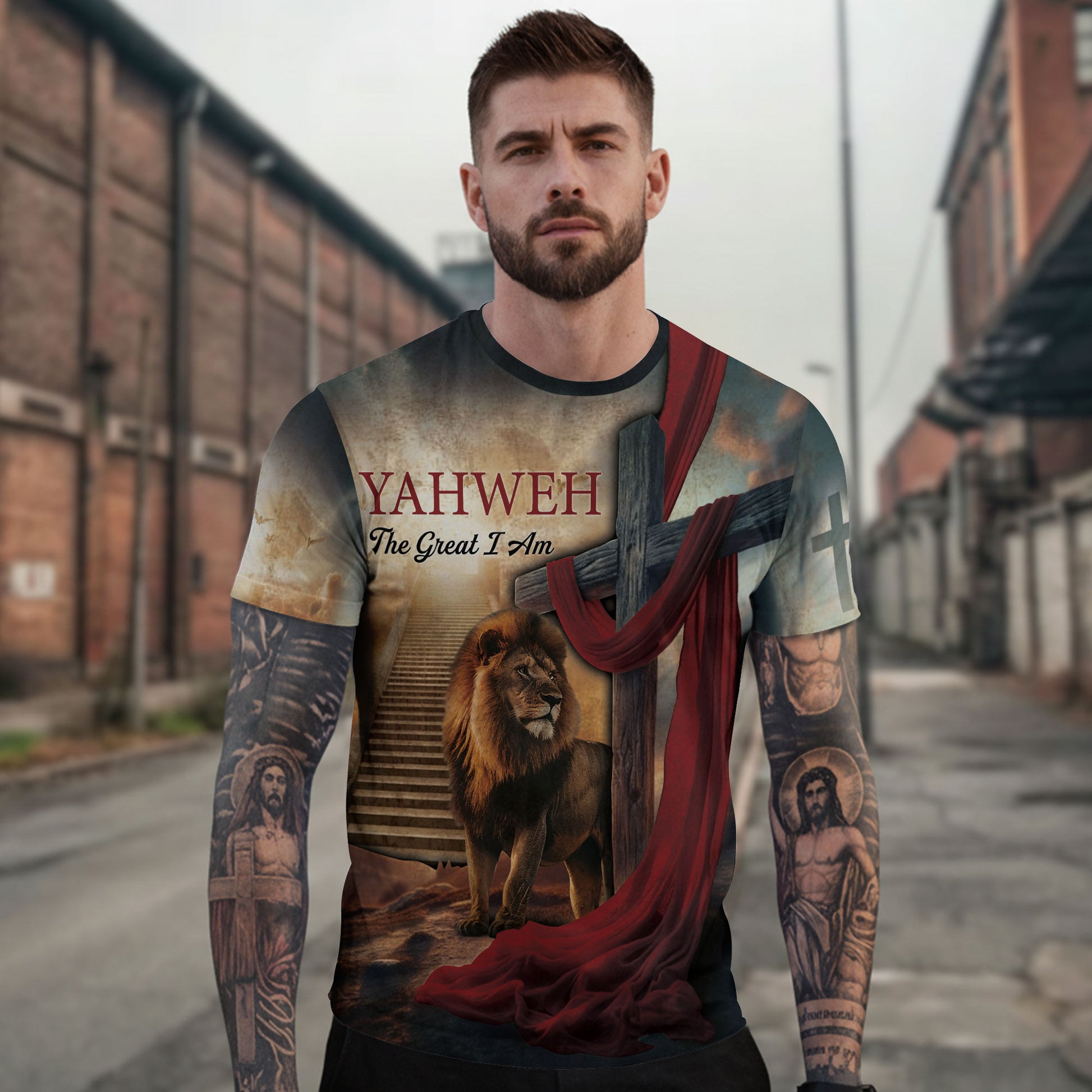 Christian Tee Shirts for Men, RustField Co - Yahweh and The Lion By The Cross, Freedom Shirts - Rust Field Wear