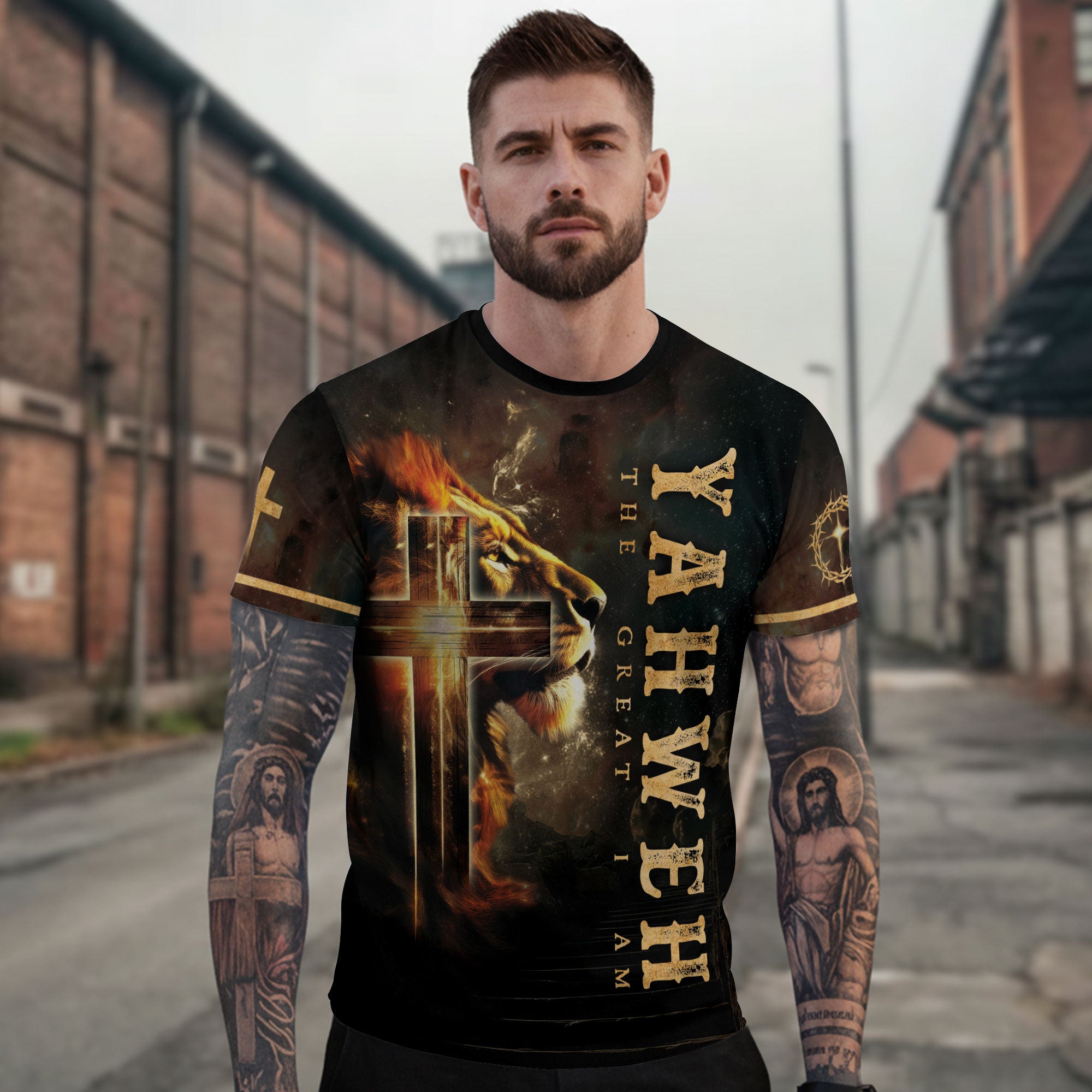 Yahweh The Great I Am Lion and Fiery Cross - RustField Co Freedom Shirts, Christian Tee Shirts for Men - Rust Field Wear