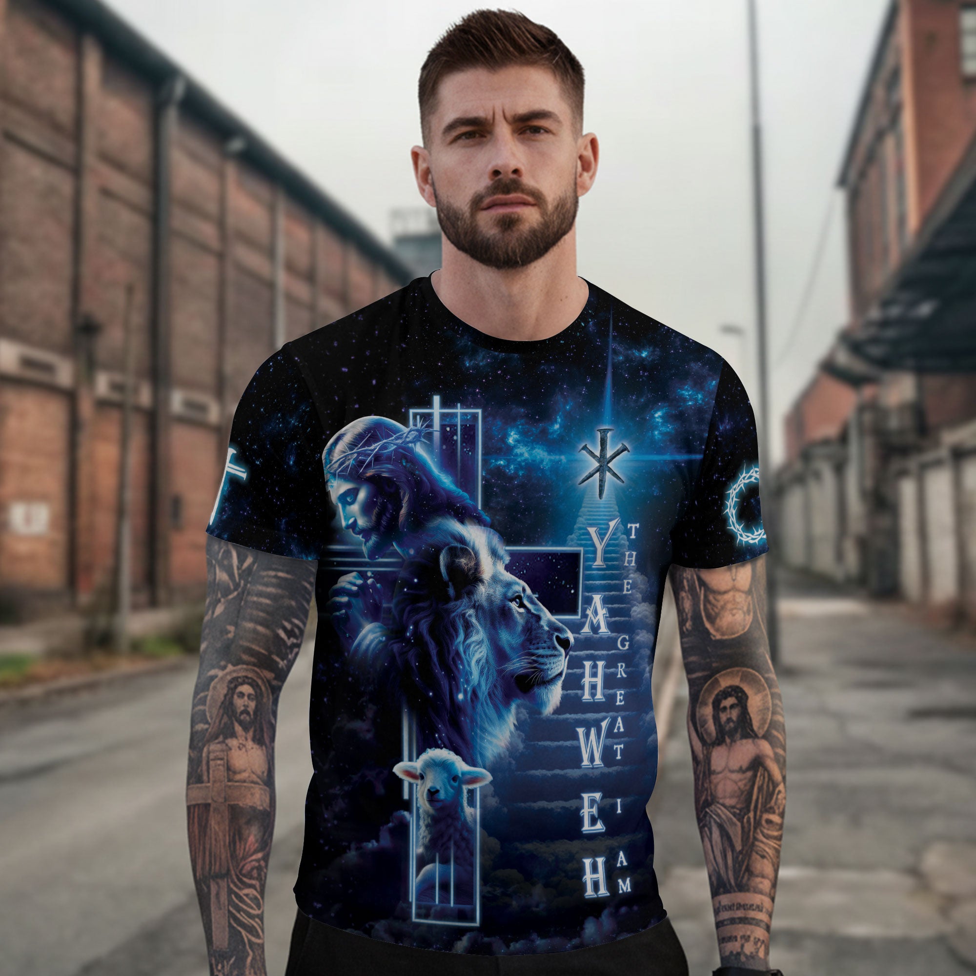 Yahweh The Great I Am in Heavenly with Lion and Lamb Christian Tee Shirts - Freedom Shirts for Men, RustField Co - Rust Field Wear