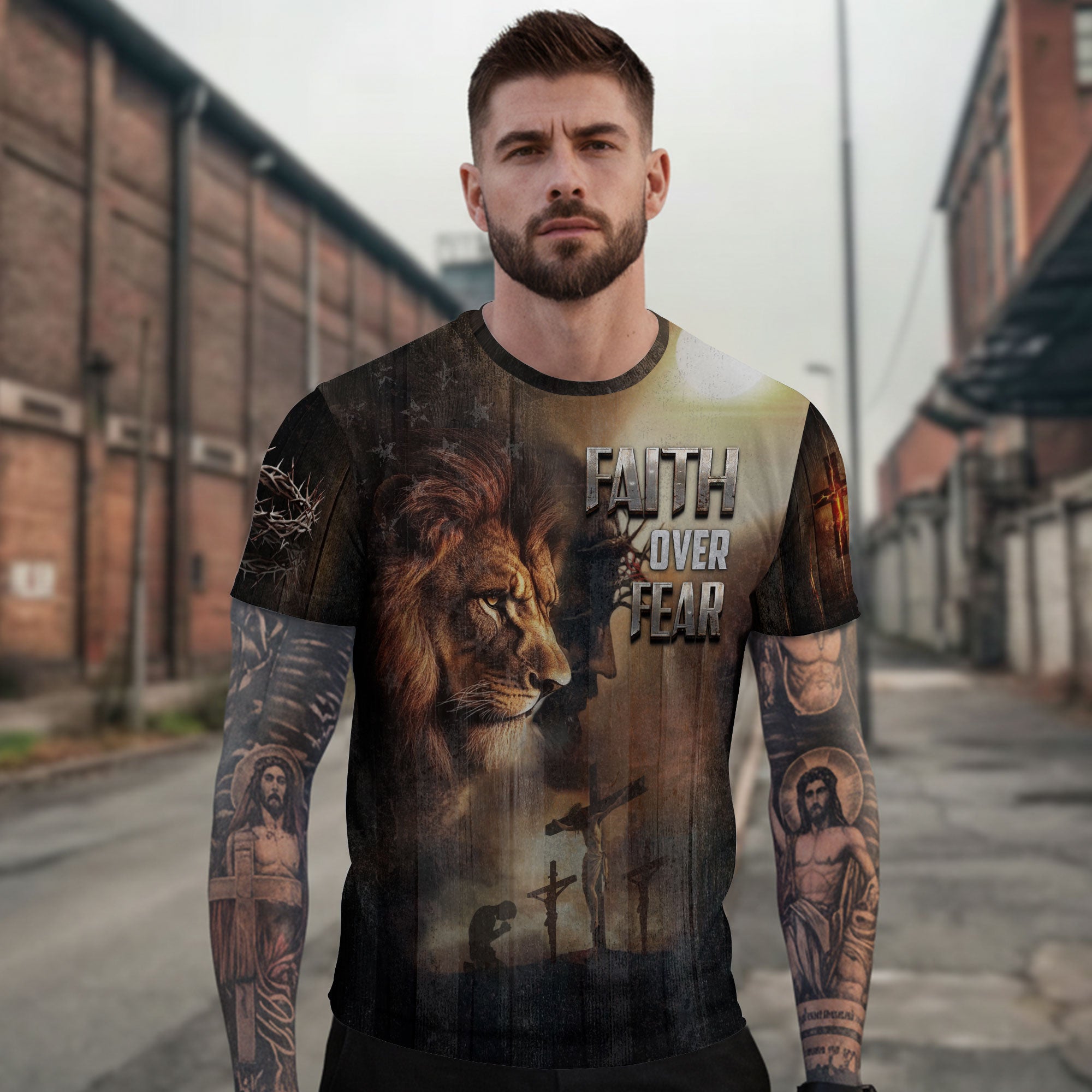 RustField Co, Faith Over Fear Lion and Cross Patriotic - Christian Tee Shirts for Men, Freedom Shirts - Rust Field Wear