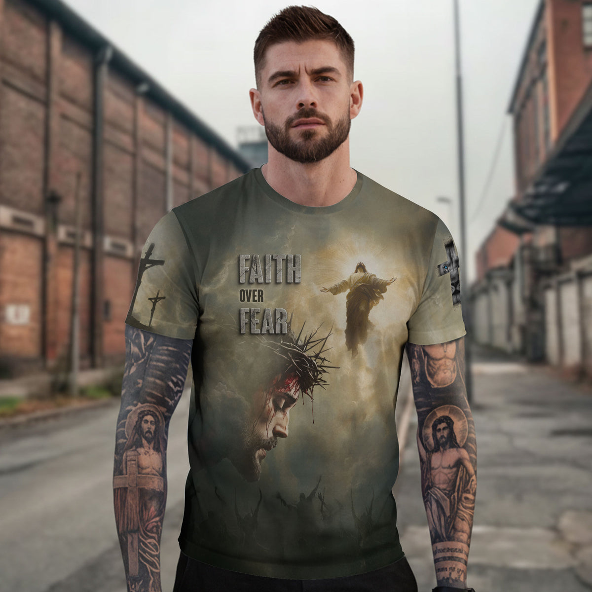 Christian Tee Shirts for Men, RustField Co - Faith Over Fear Jesus Crown of Thorns, Freedom Shirts - Rust Field Wear