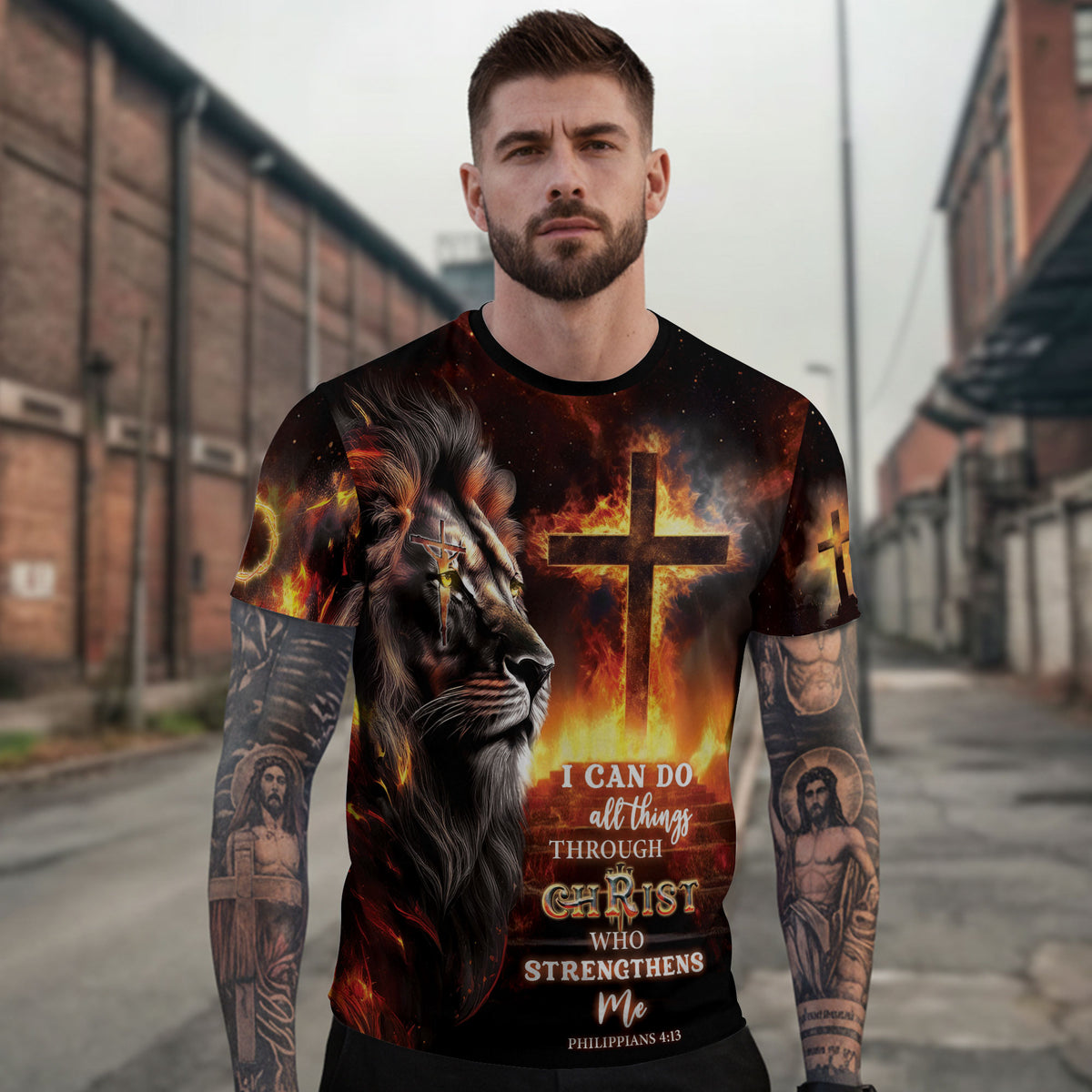 RustField Co, Crucified Lion and Fiery Cross Philippians 4 13 - Christian Tee Shirts for Men, Freedom Shirts - Rust Field Wear