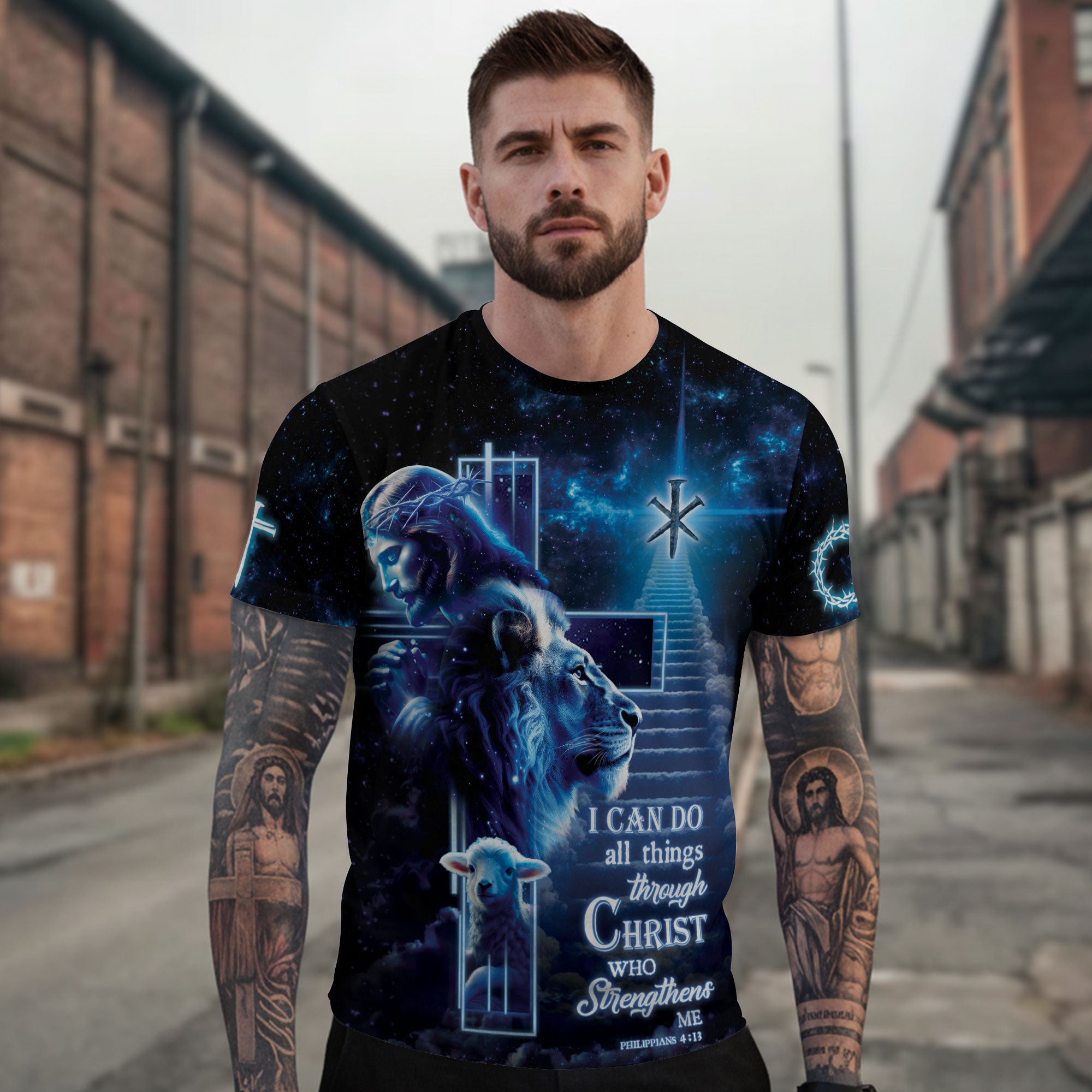 Christian Tee Shirts for Men, RustField Co - Christ Who Strengthens Me Cosmic Cross Tshirt, Freedom Shirts - Rust Field Wear