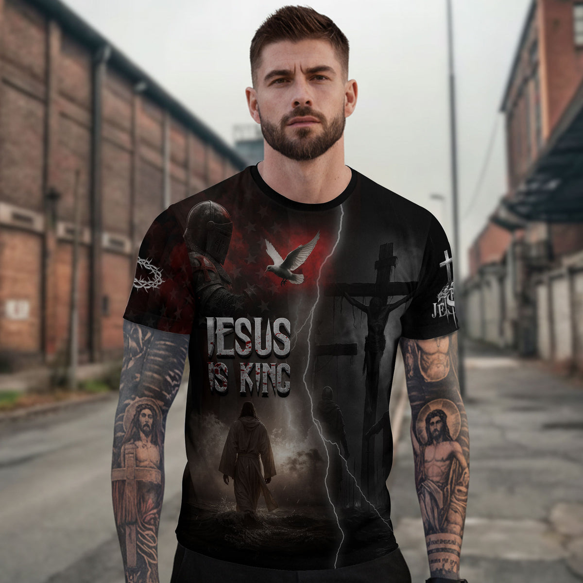 Christian Tee Shirts, Jesus Is King Lion and Cross Night - Freedom Shirts for Men, RustField Co - Rust Field Wear