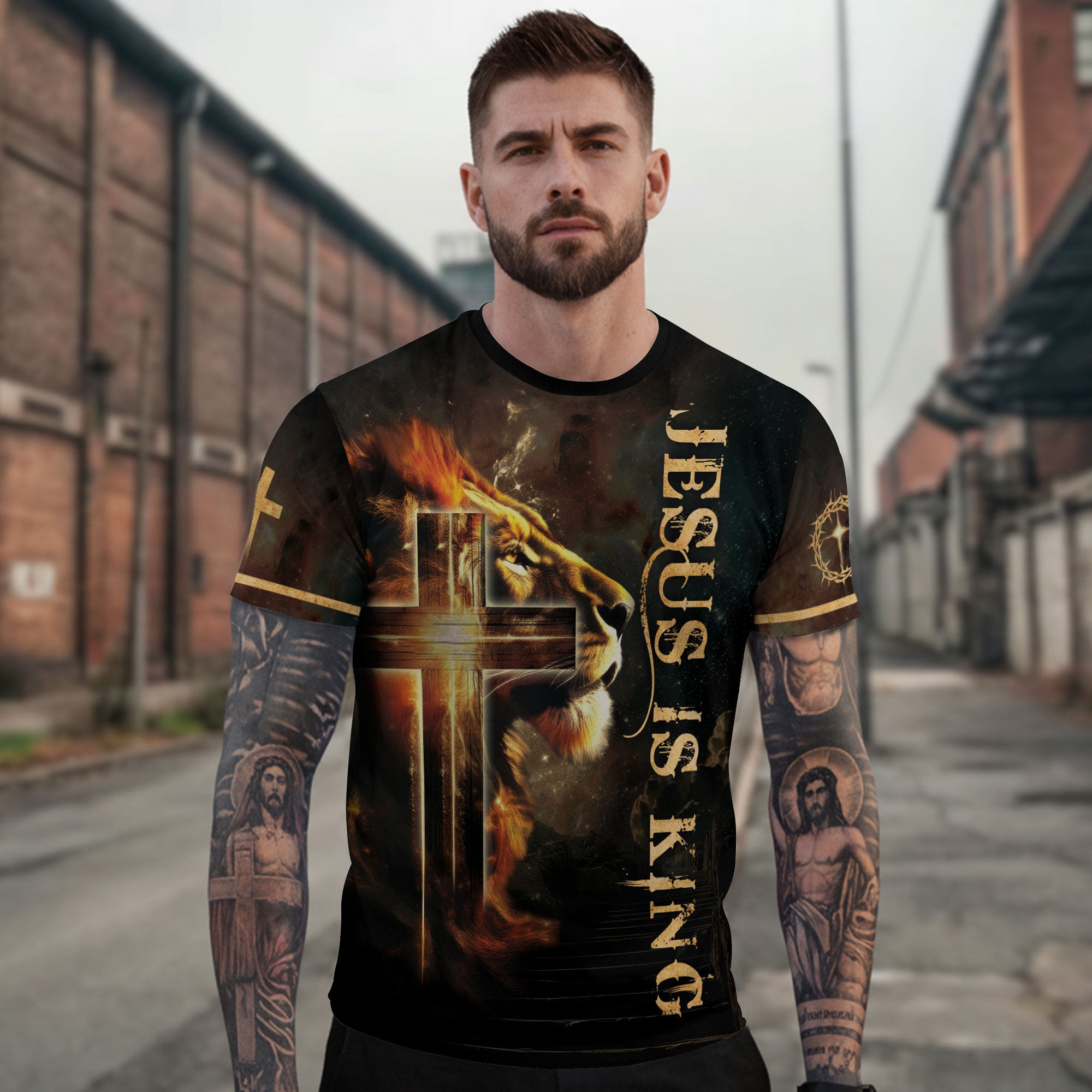 Jesus Is King Glowing Cross Of Light And Lion - RustField Co Freedom Shirts, Christian Tee Shirts for Men - Rust Field Wear