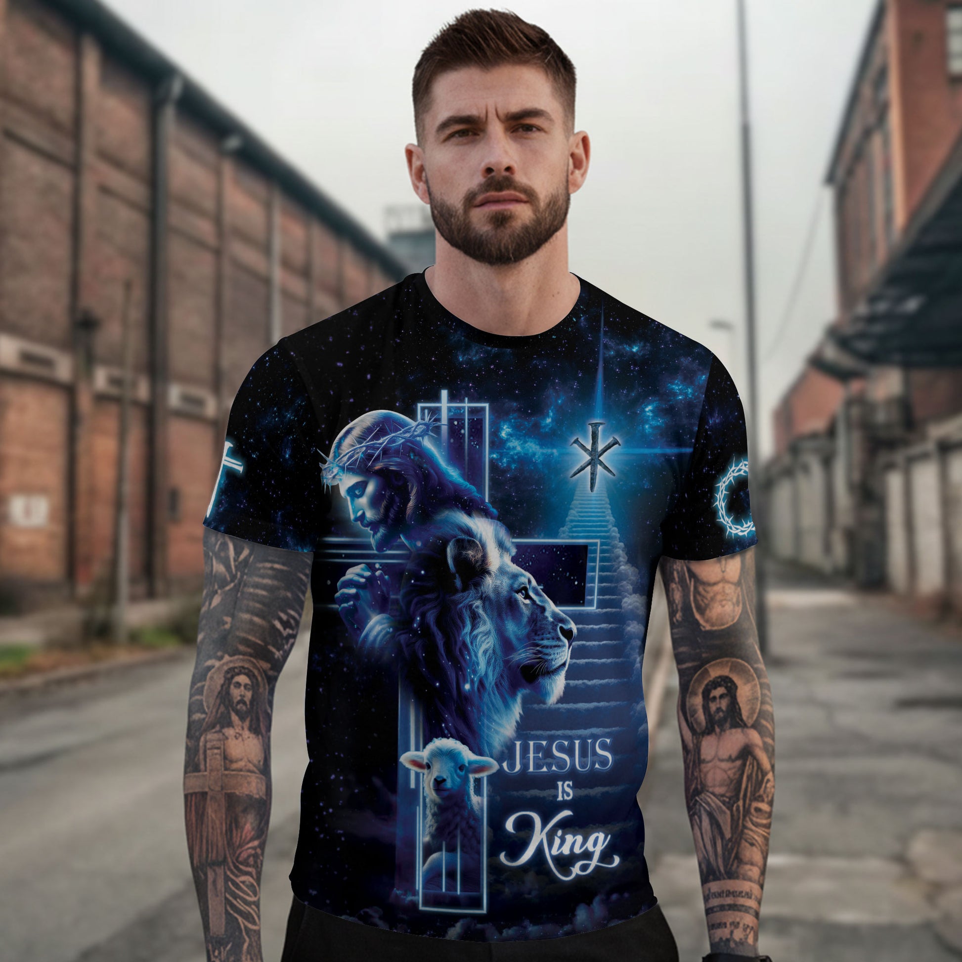 Jesus Is King The Lion And The Lamb On Heaven's Stair Christian Tee Shirts - Freedom Shirts for Men, RustField Co - Rust Field Wear