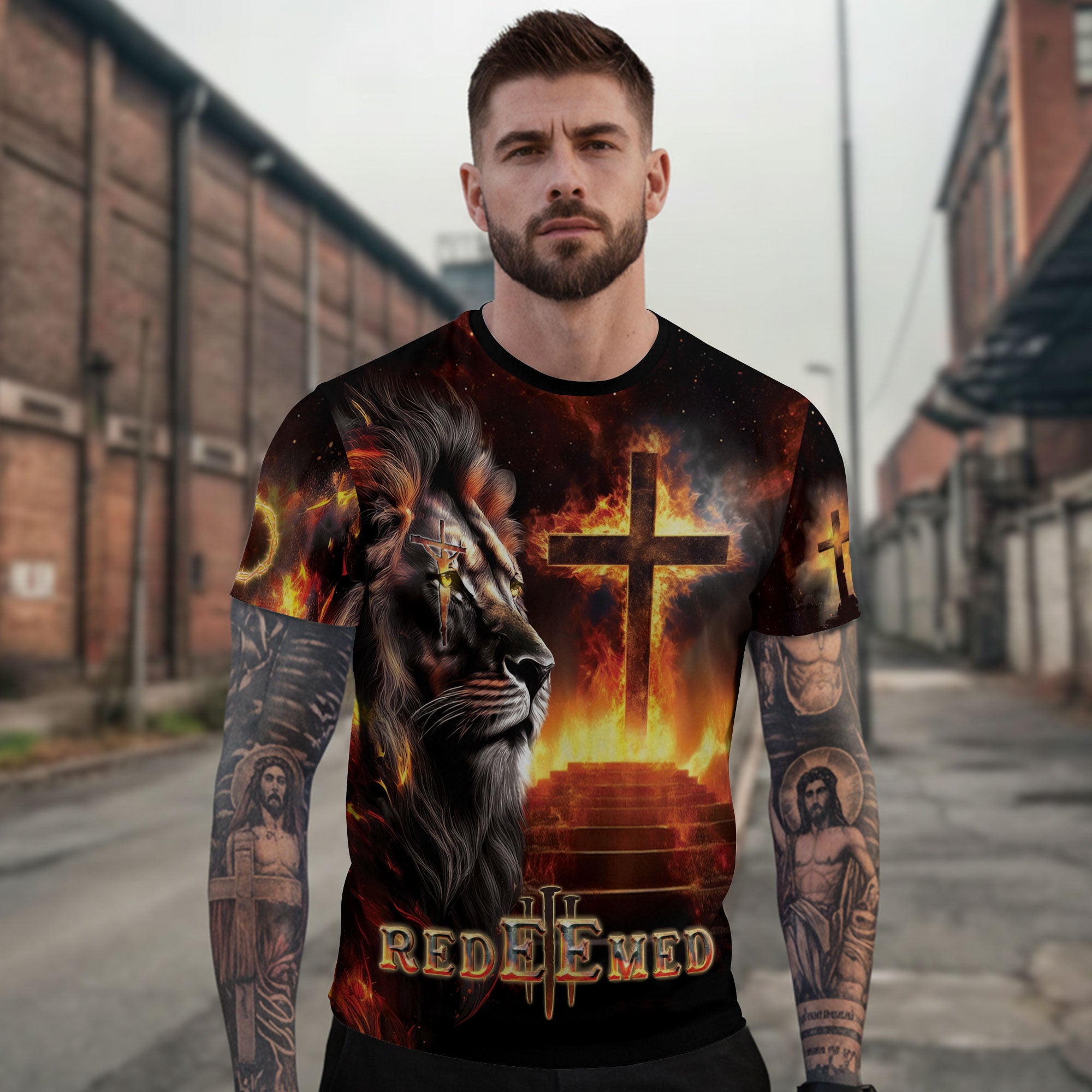 RustField Co Christian Tee Shirts - Redeemed By The Lion Of Judah Fiery, Freedom Shirts for Men - Rust Field Wear