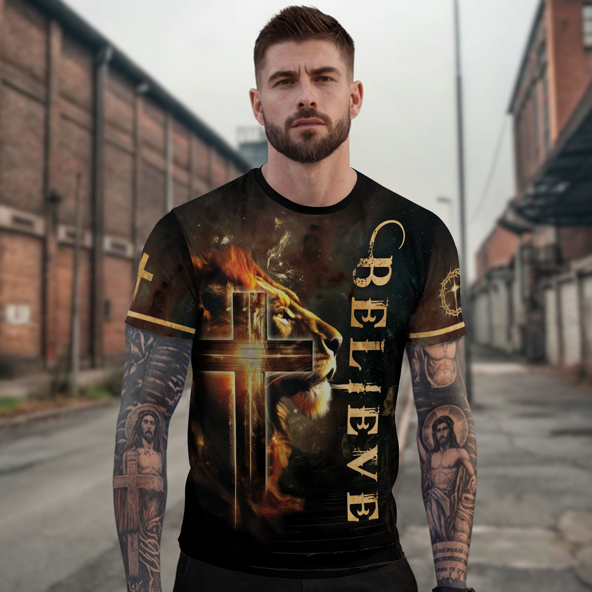 The Lion And The Cross Believe In Him - RustField Co Freedom Shirts, Christian Tee Shirts for Men - Rust Field Wear
