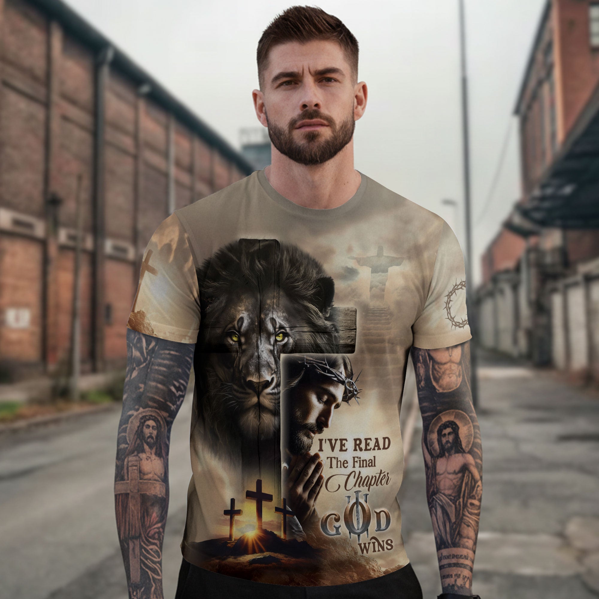 Praying Jesus and Cross Victory God Wins - RustField Co Freedom Shirts, Christian Tee Shirts for Men - Rust Field Wear