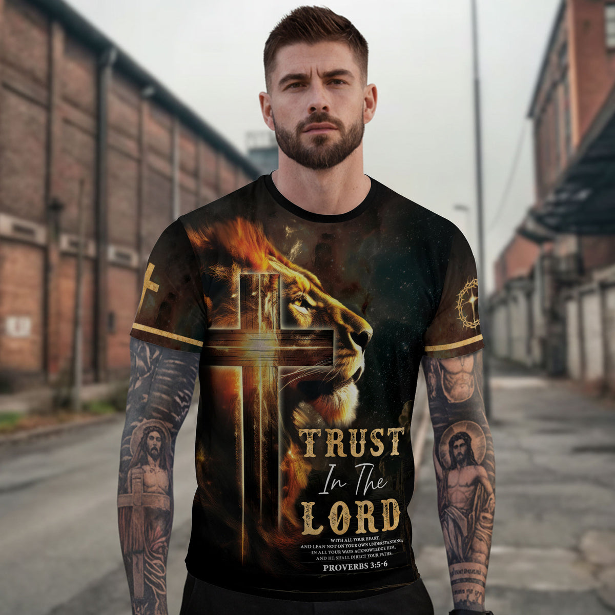 Trust In The Lord Proverbs 3 5 6 Lion And Cross - Christian Tee Shirts for Men, Freedom Shirts, RustField Co - Rust Field Wear