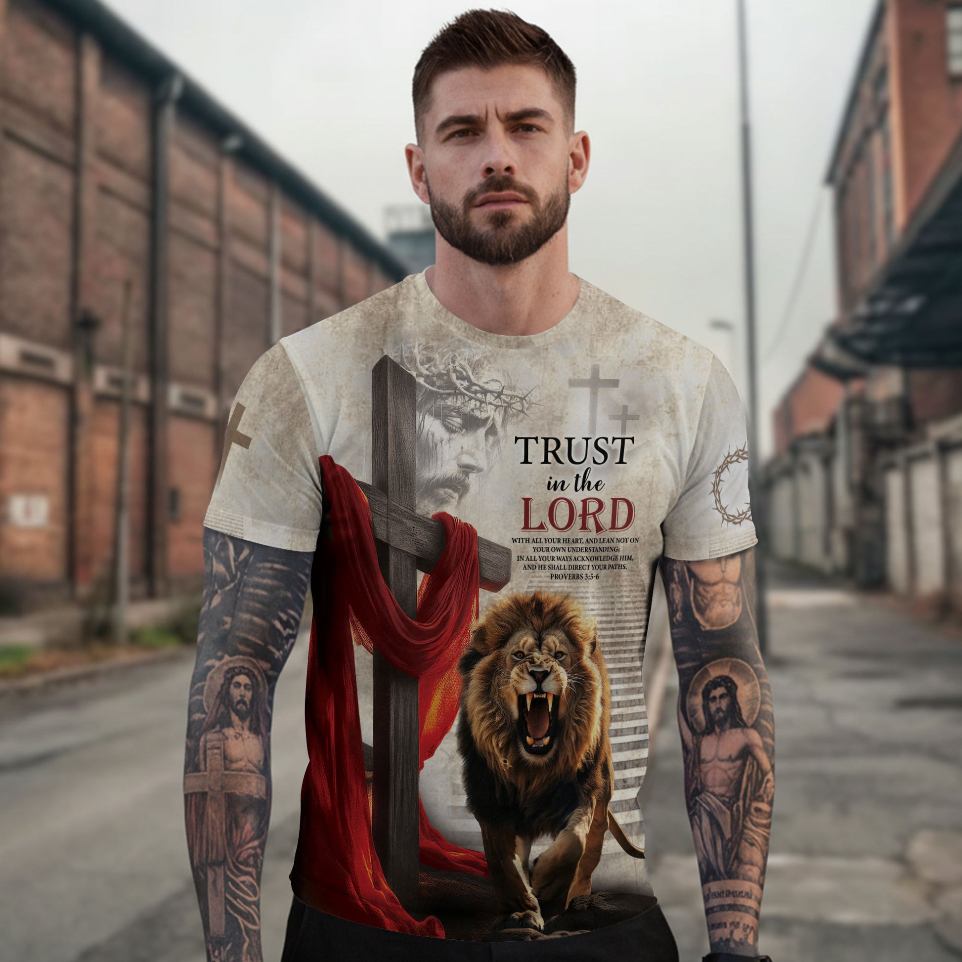 Freedom Shirts - Trust in the Lord Proverbs 3 5 6 Lion and Cross, Christian Tee Shirts for Men, RustField Co - Rust Field Wear