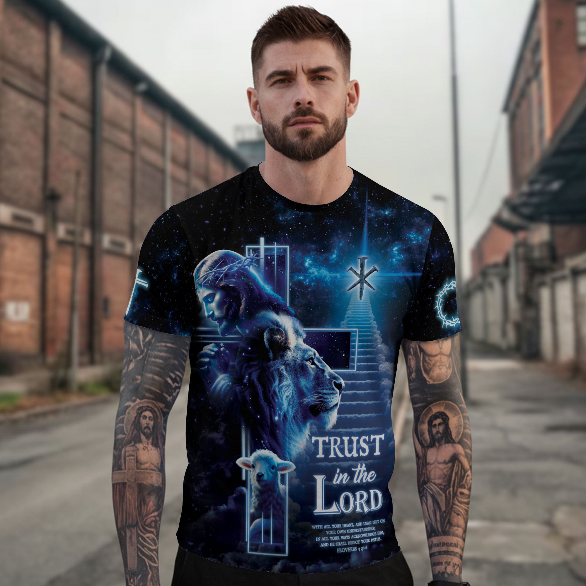 Christian Tee Shirts for Men, RustField Co - Trust in the Lord Proverbs 3 5 6 Lion and Lamb Cross, Freedom Shirts - Rust Field Wear