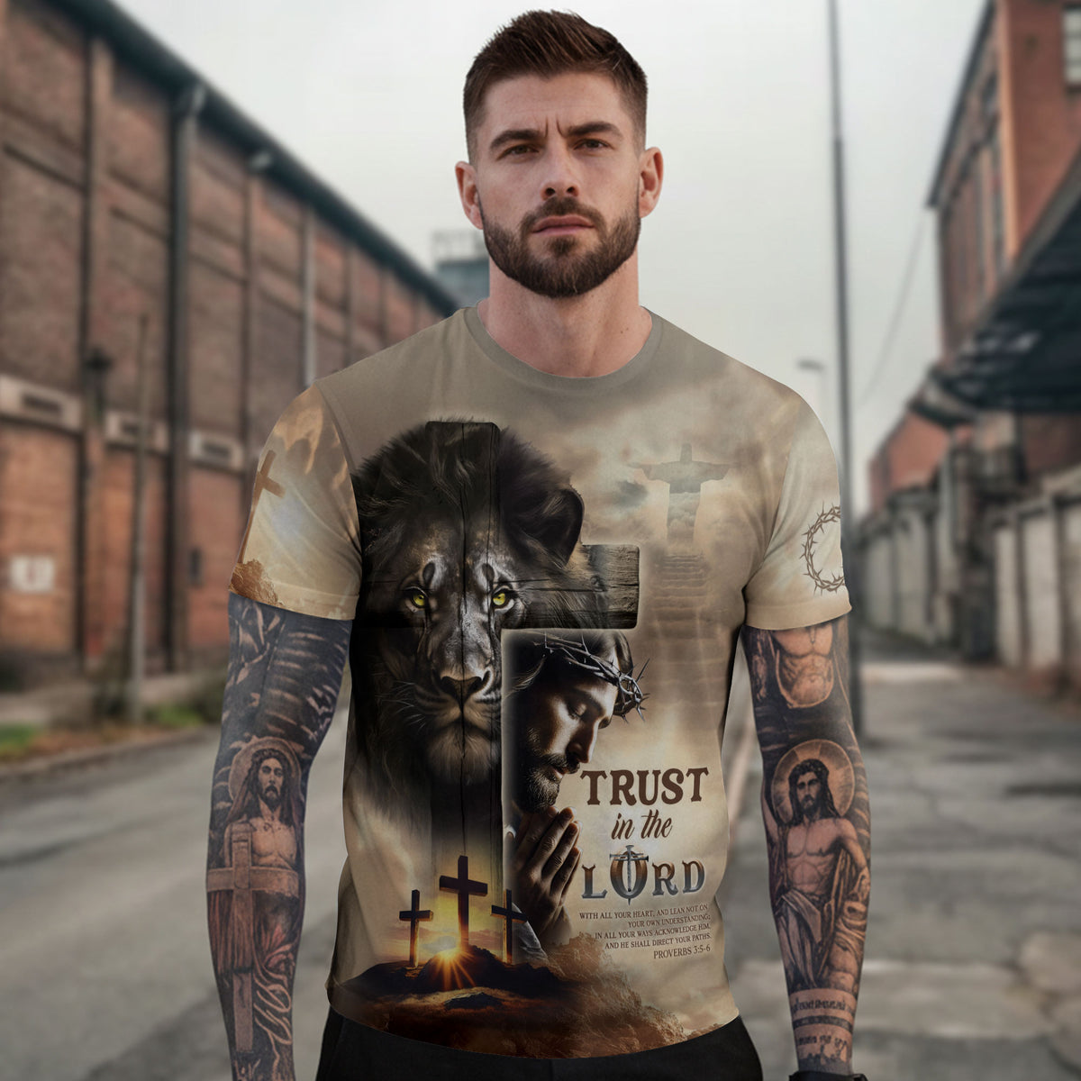 Trust in the Lord Proverbs 3 5 6 Resurrection Cross and Lion - RustField Co Freedom Shirts, Christian Tee Shirts for Men - Rust Field Wear