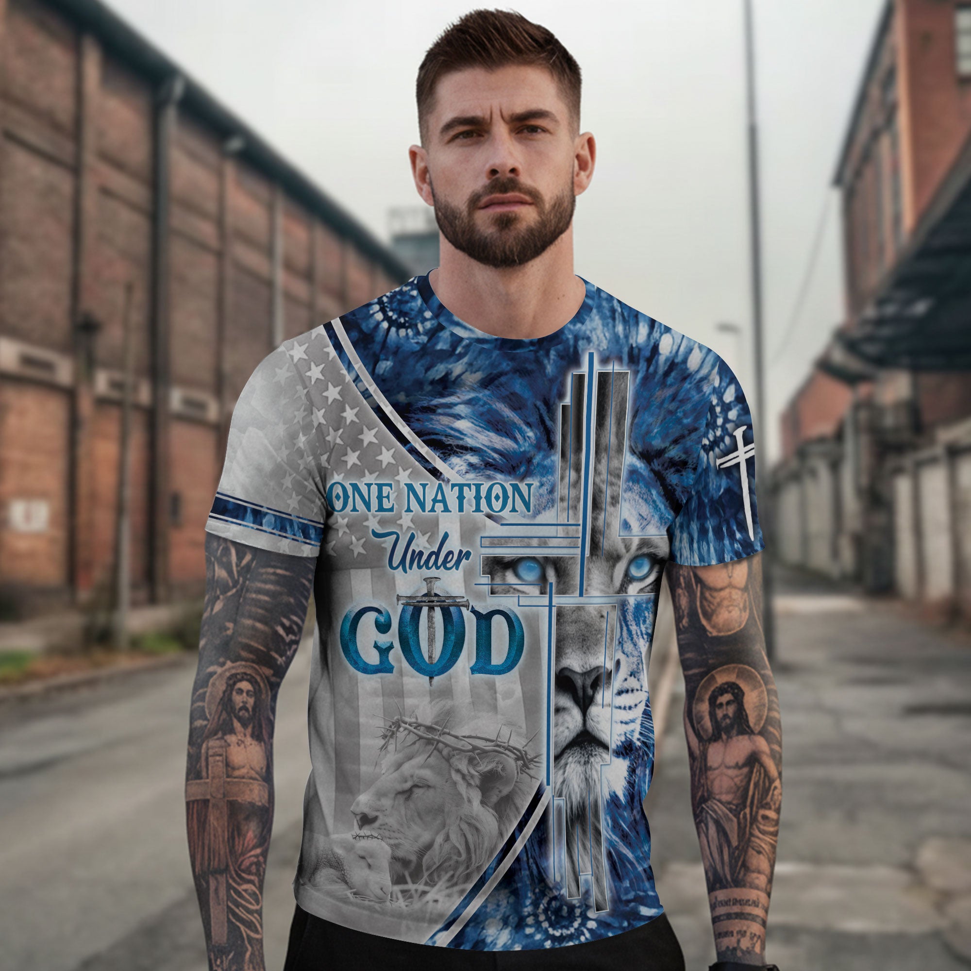 Christian Tee Shirts, One Nation Under God Lion Cross - Freedom Shirts for Men, RustField Co - Rust Field Wear