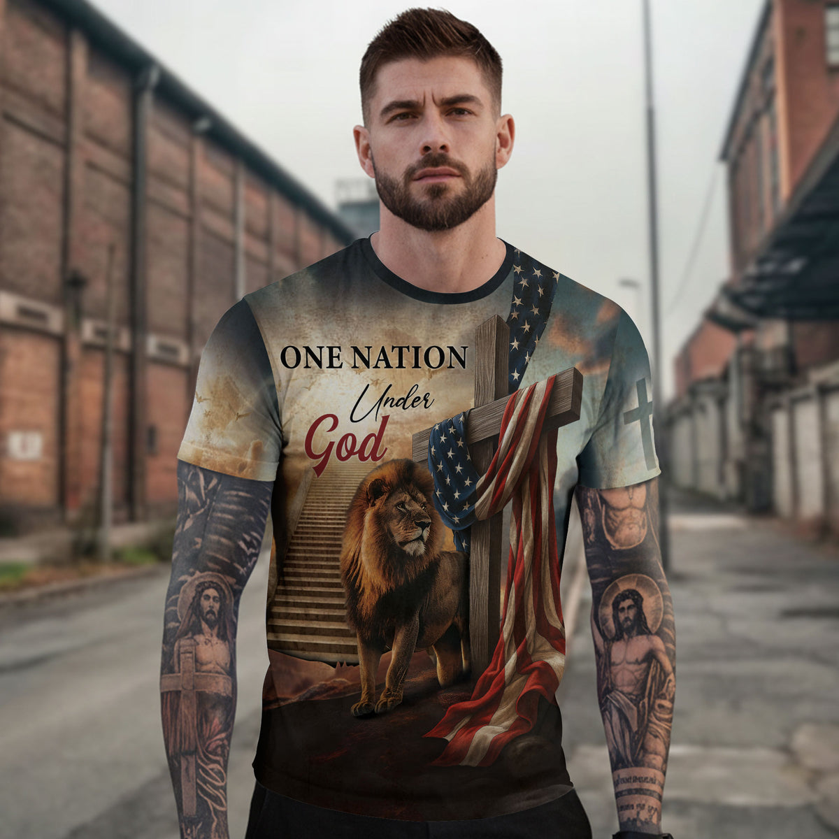 One Nation Under God Lion Cross Heaven Stairs - Christian Tee Shirts for Men, Freedom Shirts, RustField Co - Rust Field Wear