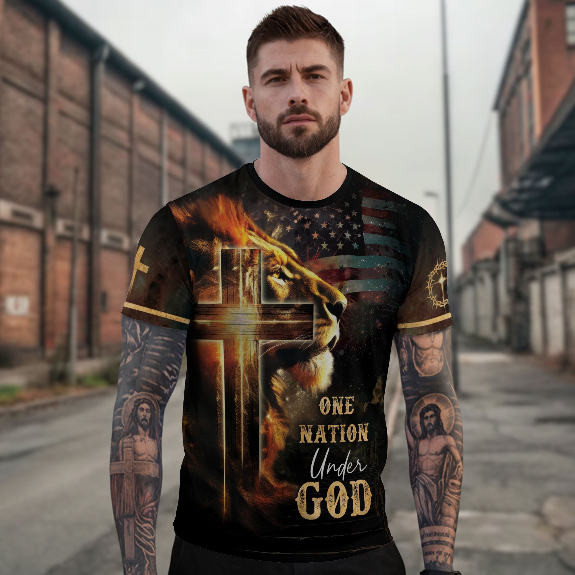 RustField Co, One Nation Under God Lion Cross American Flag - Christian Tee Shirts for Men, Freedom Shirts - Rust Field Wear