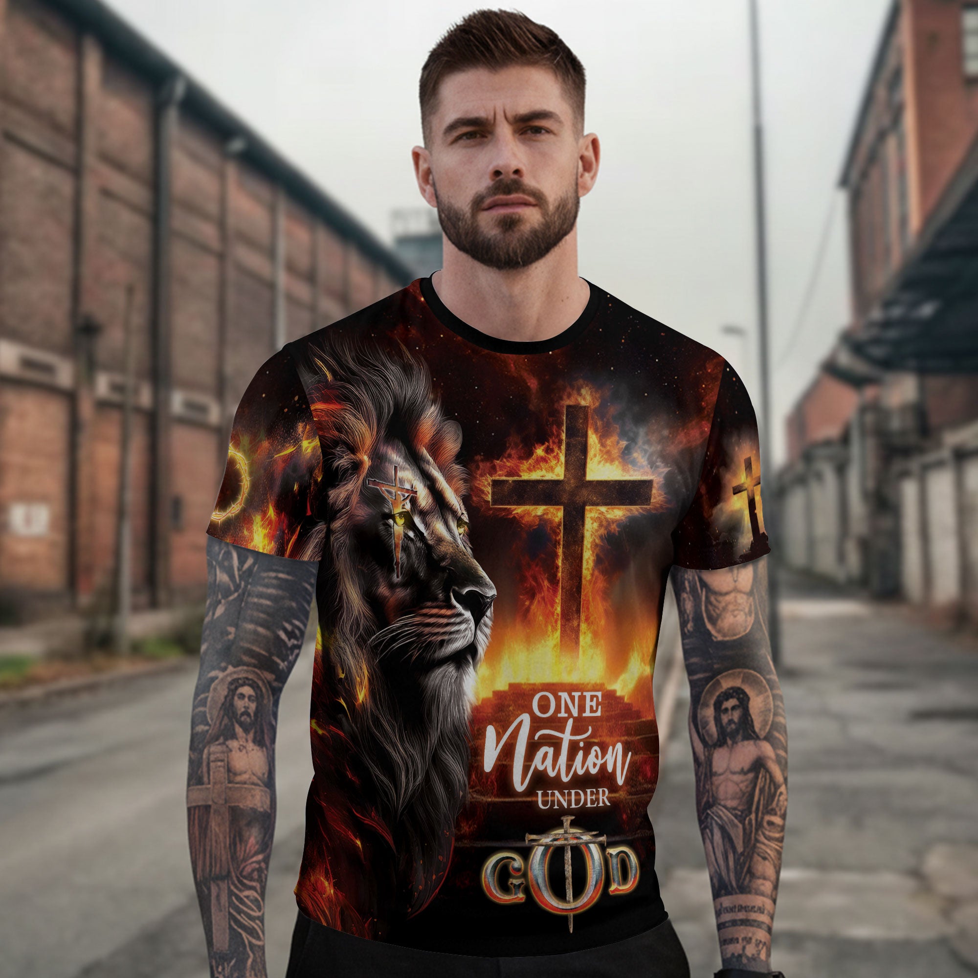 Christian Tee Shirts for Men - One Nation Under God Fire Cross Lion, RustField Co Freedom Shirts - Rust Field Wear