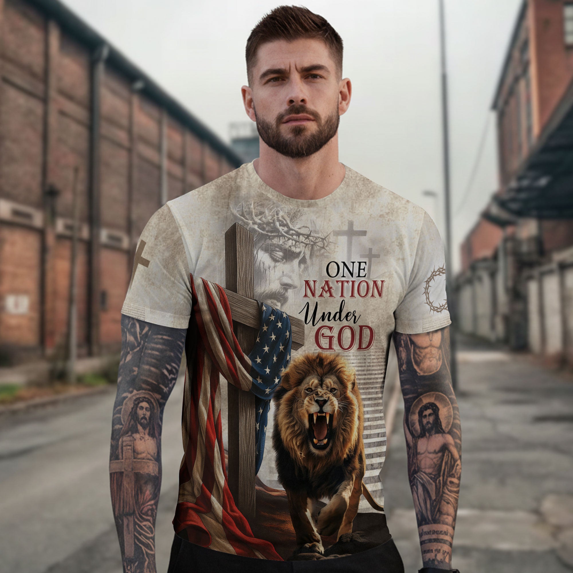 One Nation Under God American Flag Lion Christian Tee Shirts - Freedom Shirts for Men, RustField Co - Rust Field Wear