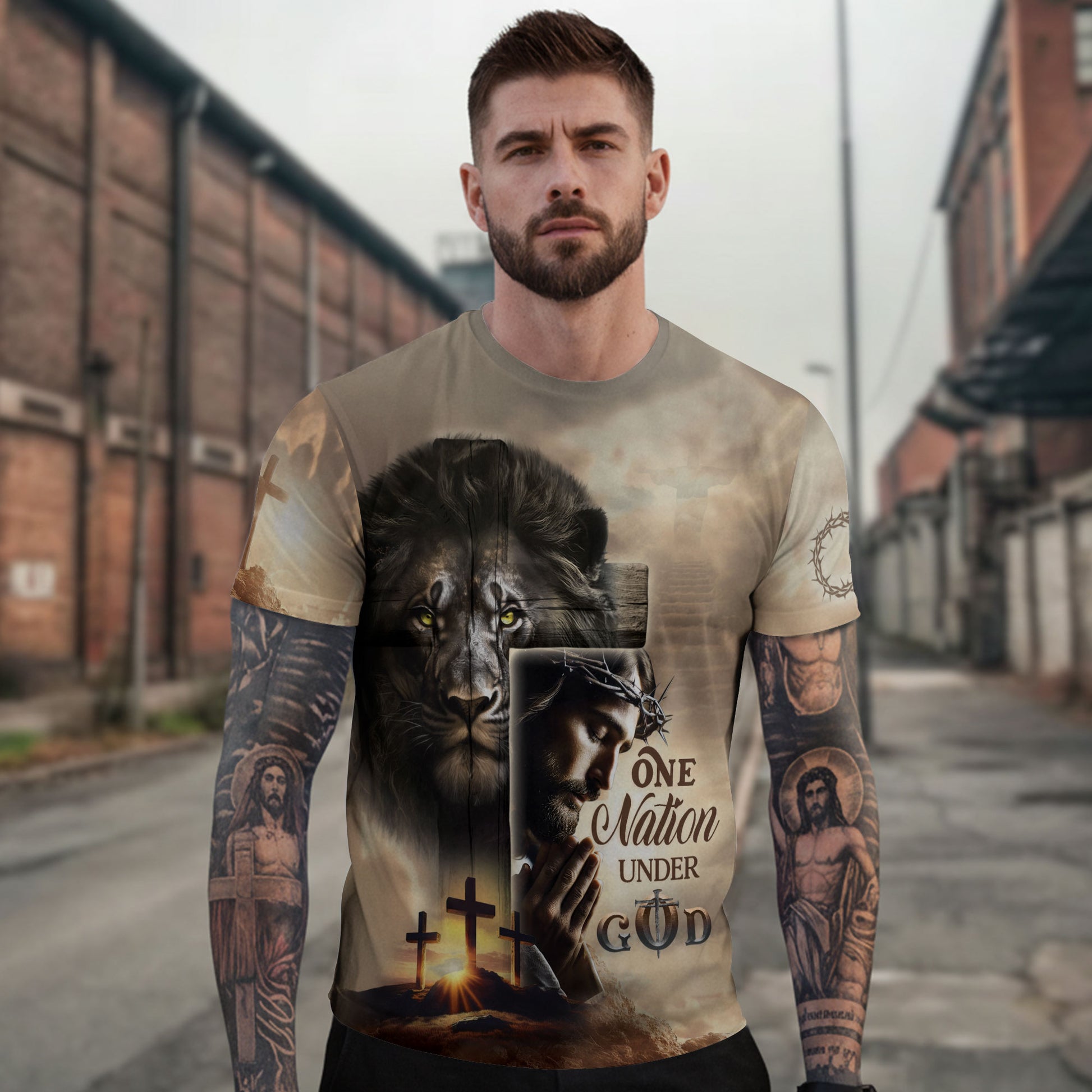 RustField Co Christian Tee Shirts - One Nation Under God Sunrise Lion Cross, Freedom Shirts for Men - Rust Field Wear
