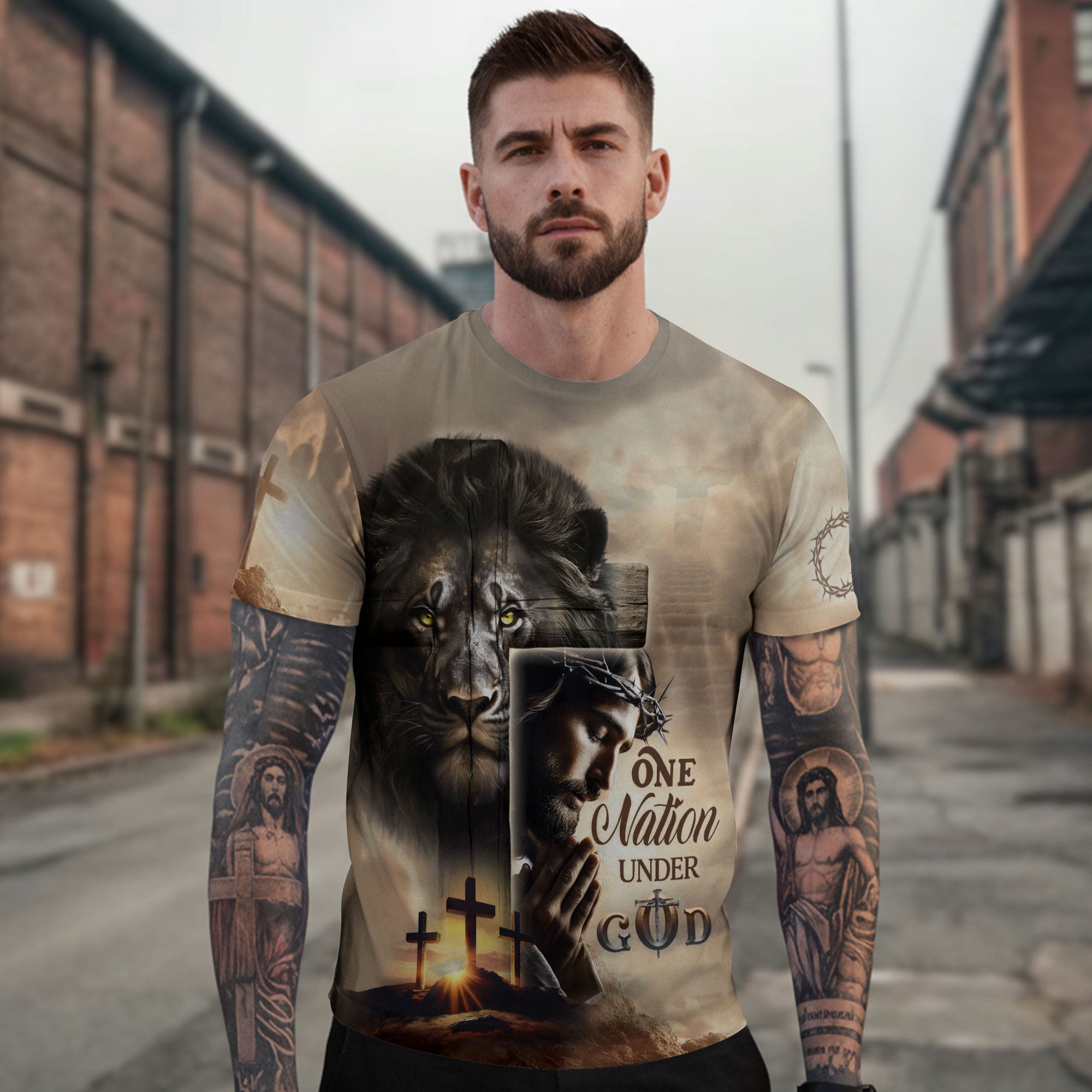 RustField Co Christian Tee Shirts - One Nation Under God Sunrise Lion Cross, Freedom Shirts for Men - Rust Field Wear