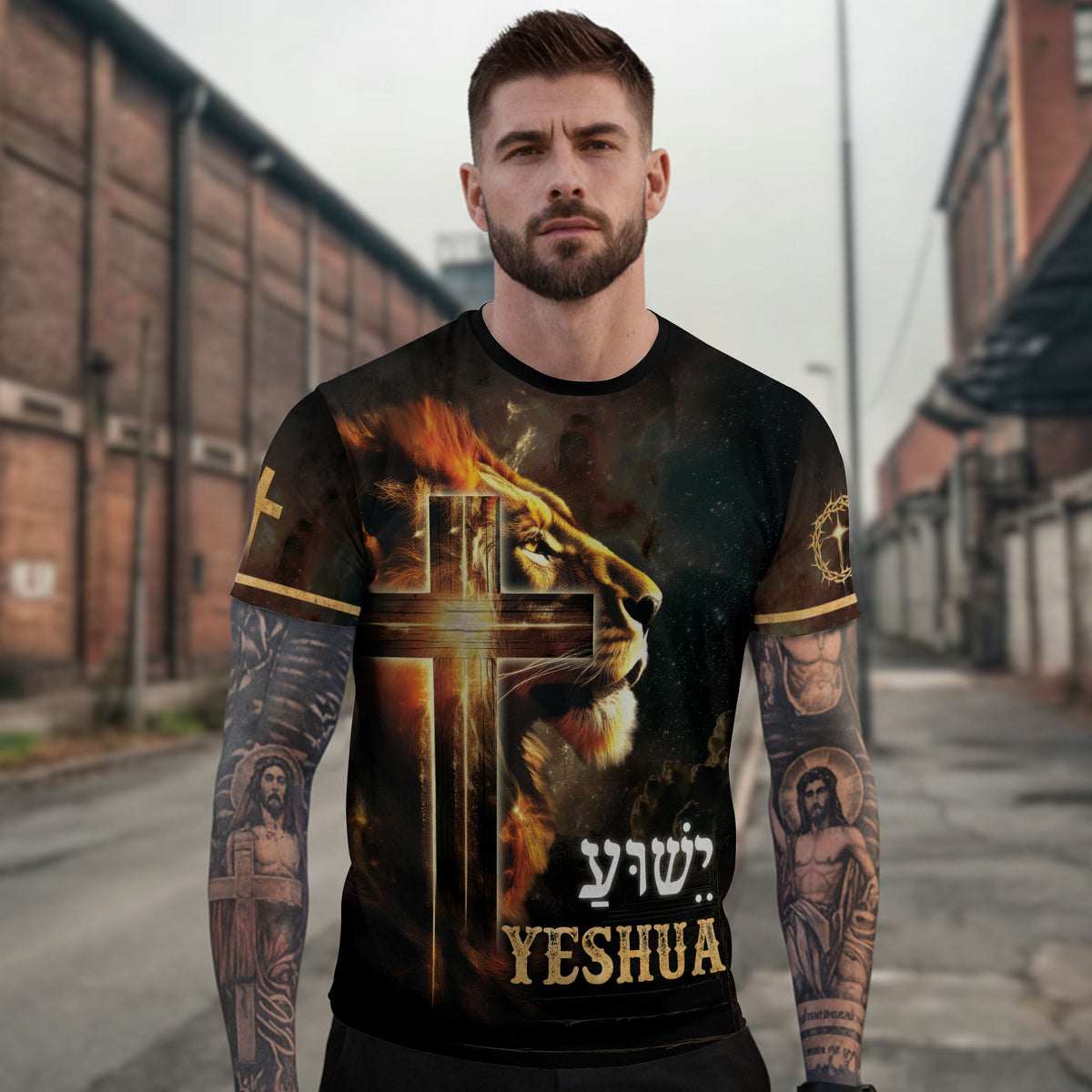 Yeshua Lion of Judah and Radiant Cross - RustField Co Freedom Shirts, Christian Tee Shirts for Men - Rust Field Wear