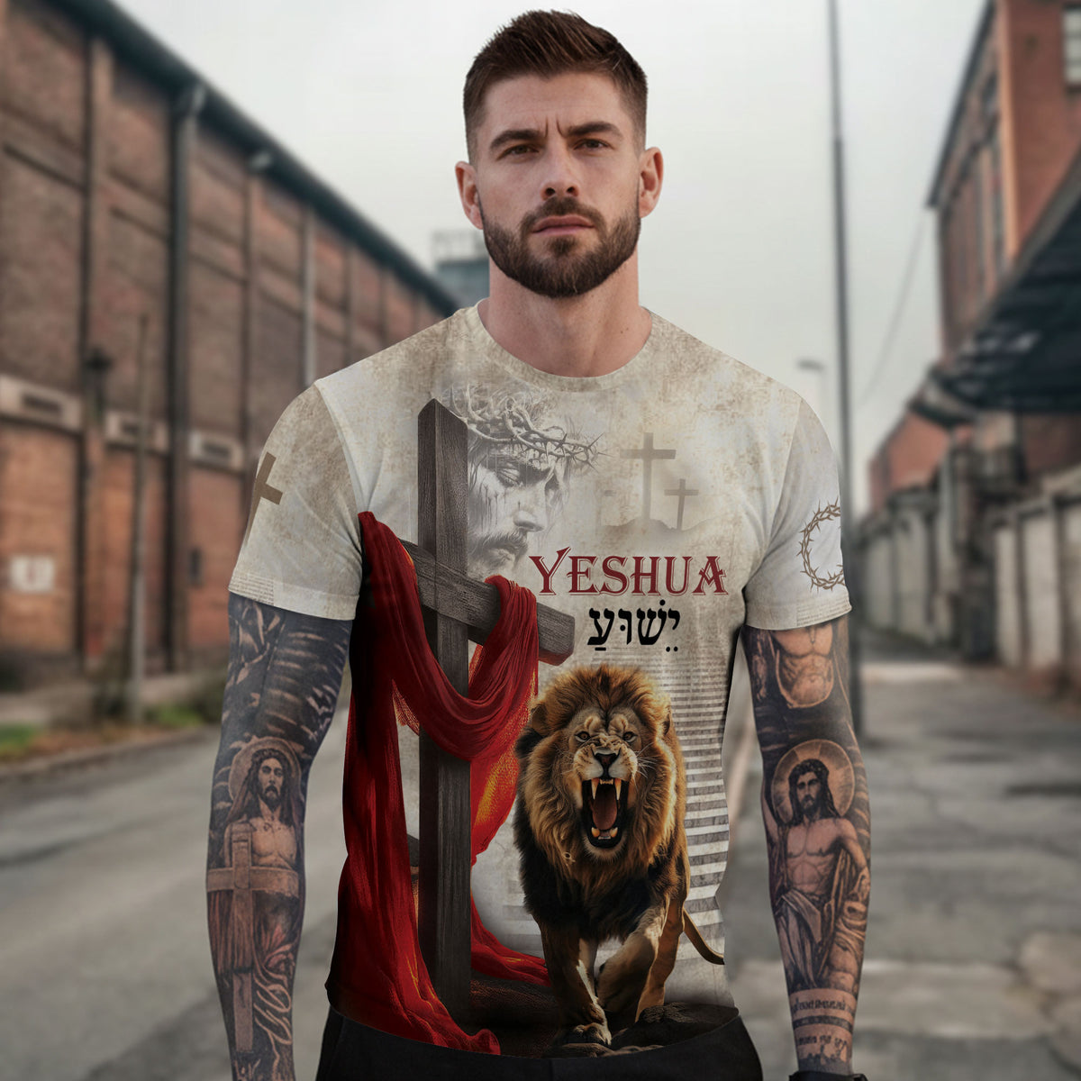 Christian Tee Shirts for Men - Yeshua Lion of Judah Cross Cloth, RustField Co Freedom Shirts - Rust Field Wear