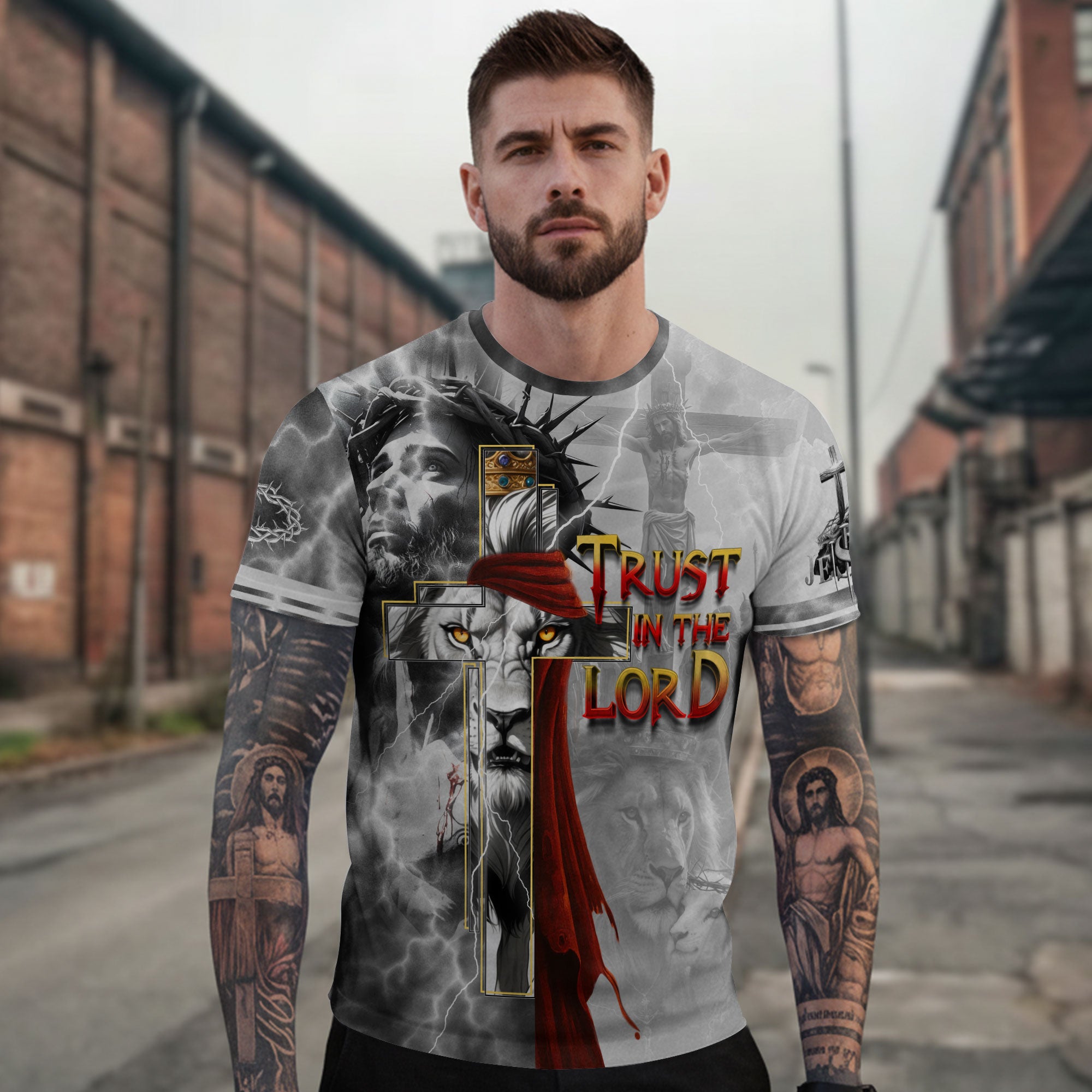 RustField Co Freedom Shirts - Trust In The Lord Jesus Cross Lion Crown Faith, Christian Tee Shirts for Men - Rust Field Wear