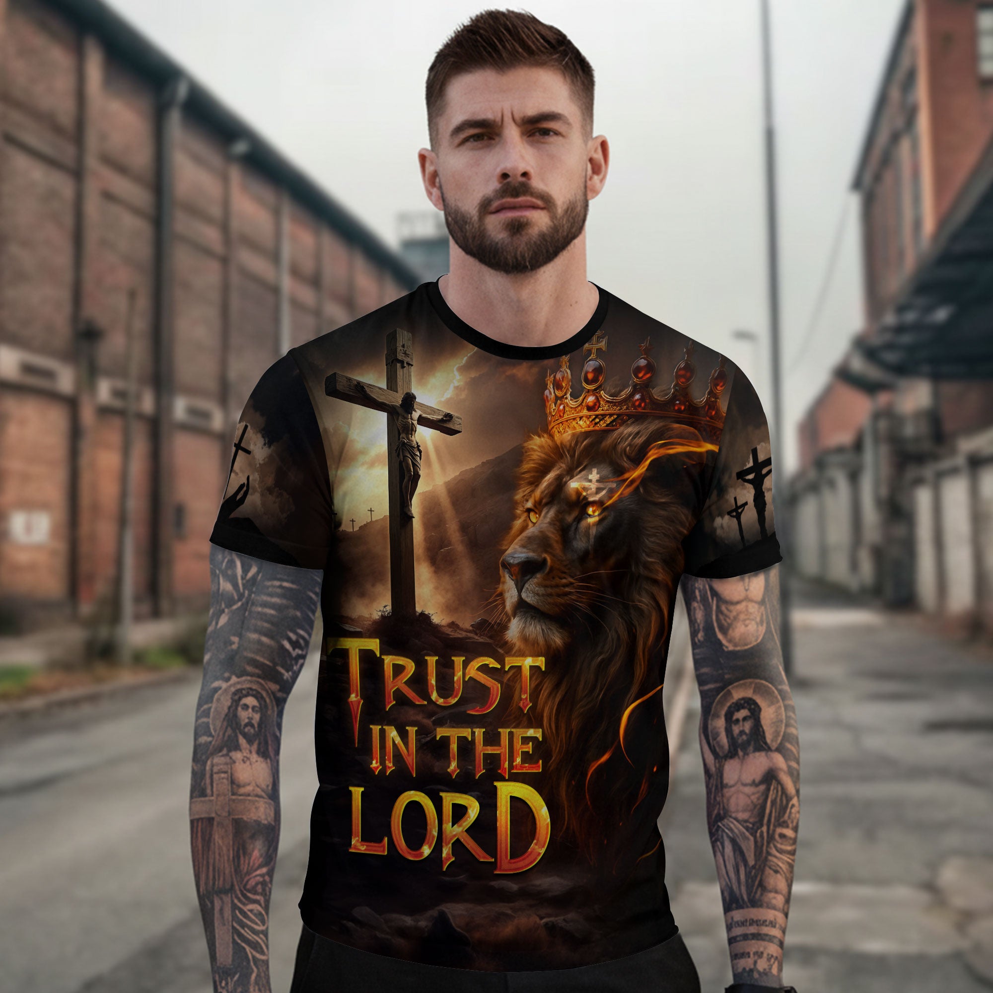 Christian Tee Shirts for Men - Trust In The Lord Fiery Cross Lion of Judah Warrior, RustField Co Freedom Shirts - Rust Field Wear