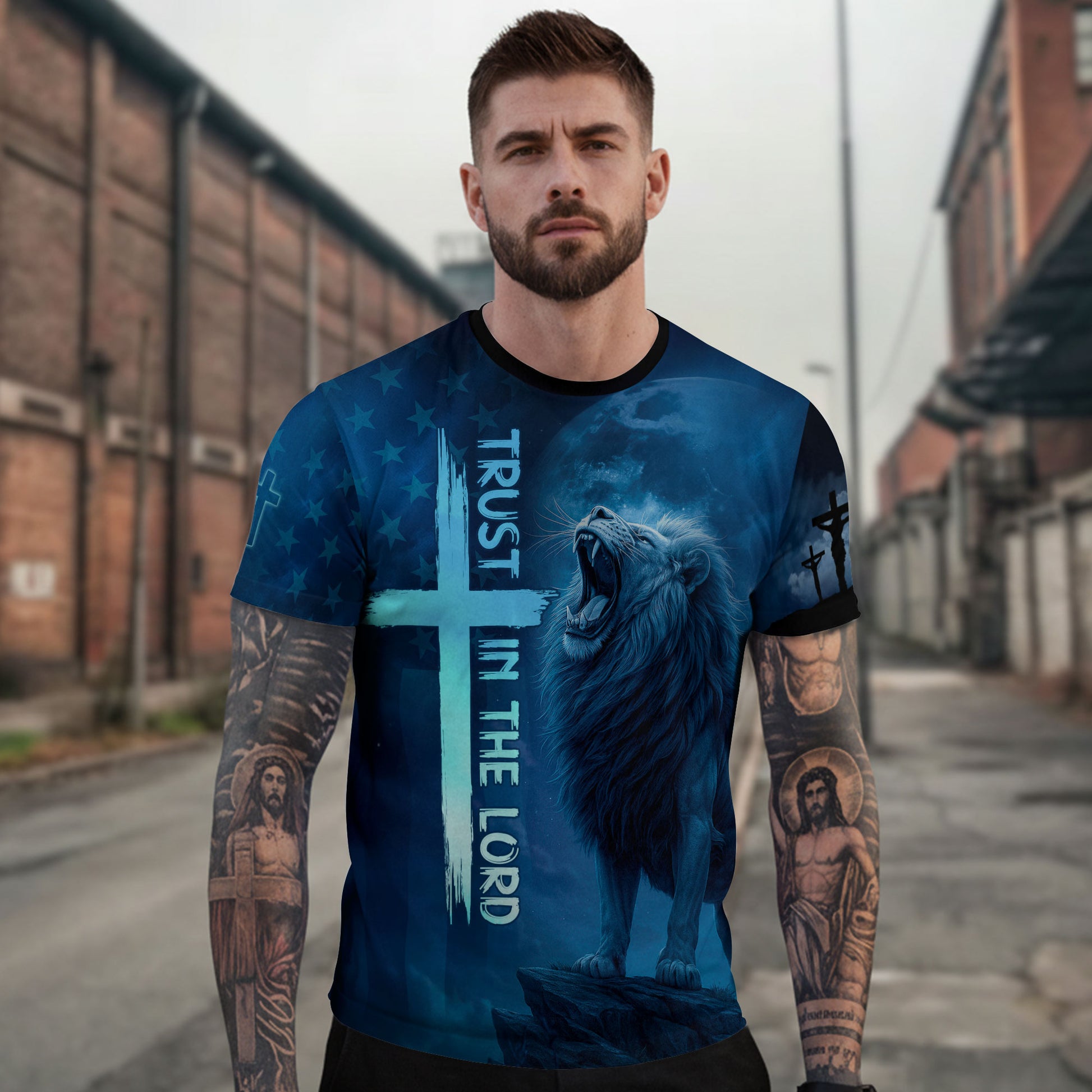 Christian Tee Shirts for Men, RustField Co - Trust In The Lord Cross and Lion, Freedom Shirts - Rust Field Wear